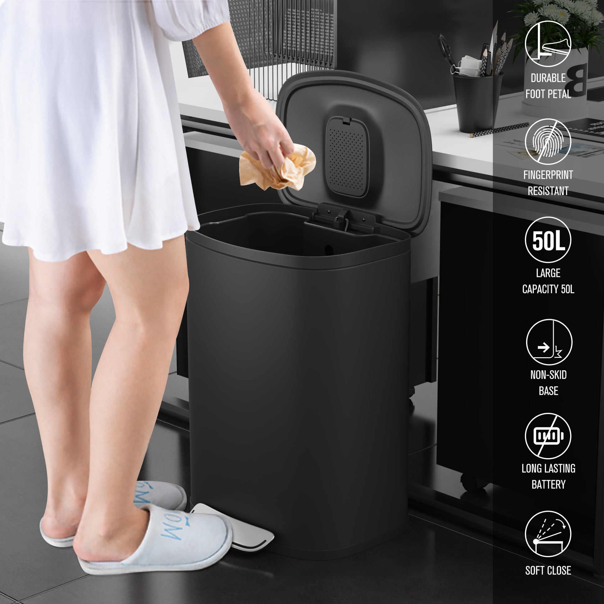 Curved Surface 13 Gallon 50L Kitchen Foot Pedal Operated Soft Close Trash Can Stainless Steel Rectangular Bustbin With 30 Garbage Bags Black Black Steel