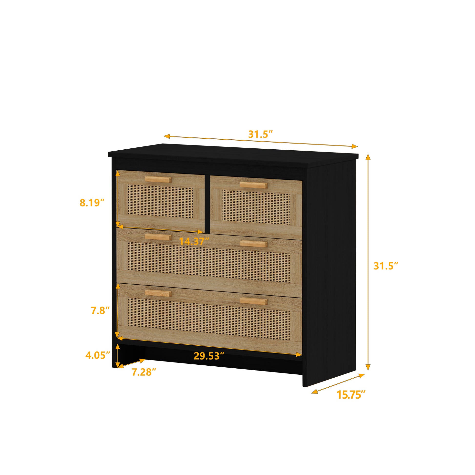 4 Drawers Rattan Cabinet,For Bedroom,Living Room,Dining Room,Hallways,Easy Assembly, Black Black Particle Board