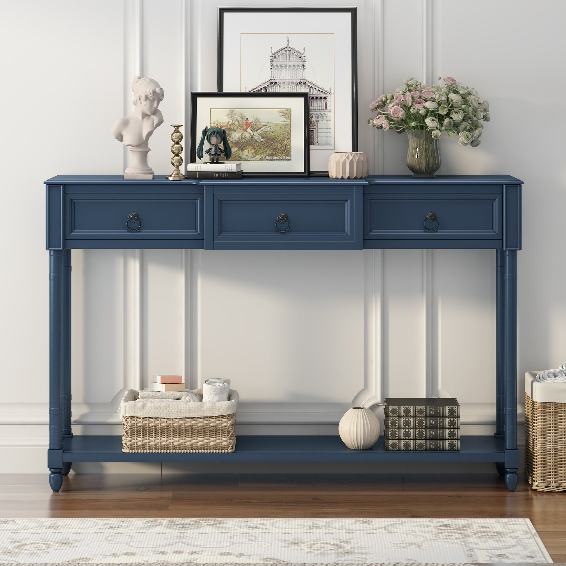 Console Table Sofa Table With Drawers For Entryway With Projecting Drawers And Long Shelf Antique Navy, Old Sku: Wf189574Aam Antique Navy Solid Wood Mdf