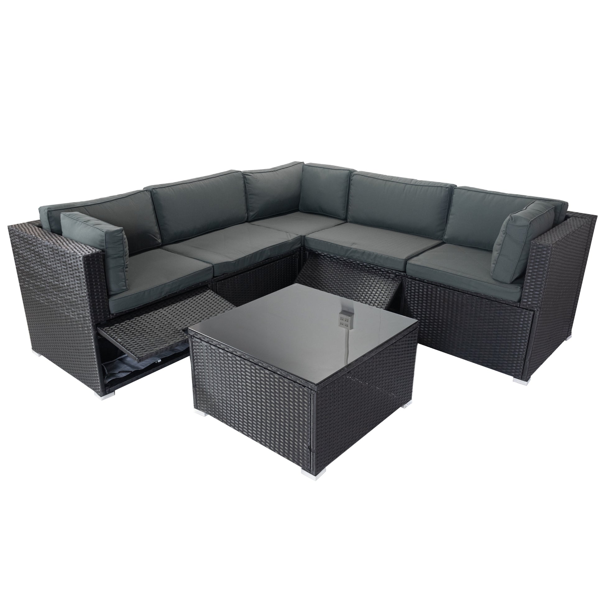 6 Pieces Pe Rattan Sectional Outdoor Furniture Cushioned Sofa Set With 3 Storage Under Seat Black Wicker Dark Grey Cushion Yes Complete Patio Set Black Rust Resistant Frame Mildew Resistant Cushion Garden & Outdoor Modern Complete Patio Sets Fiber Foam