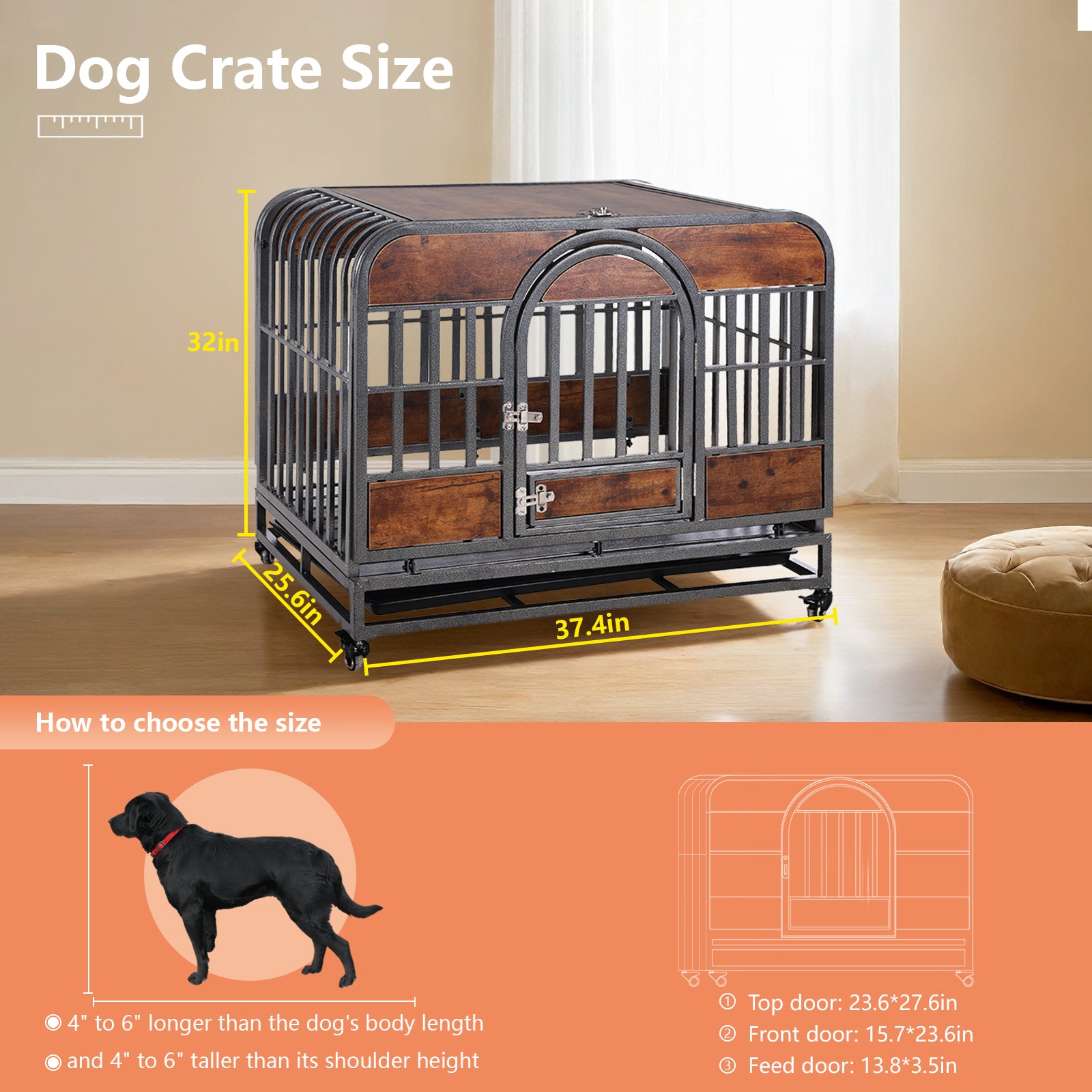 37In Heavy Duty Dog Crate, Furniture Style Dog Crate With Removable Trays And Wheels For High Anxiety Dogs Brown Abs Abs