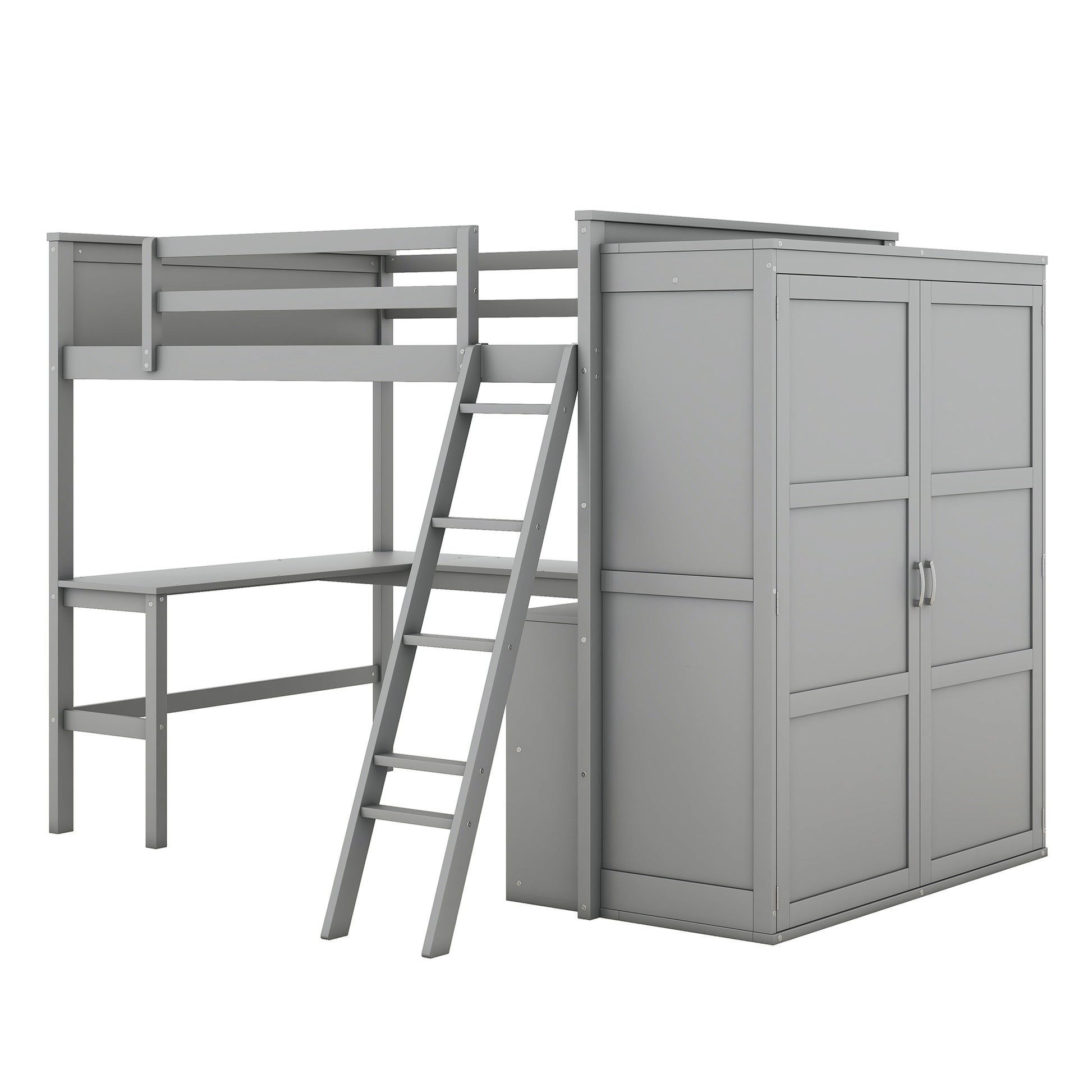 Full Size Loft Bed With Desk, Shelves And Wardrobe Gray Gray Solid Wood