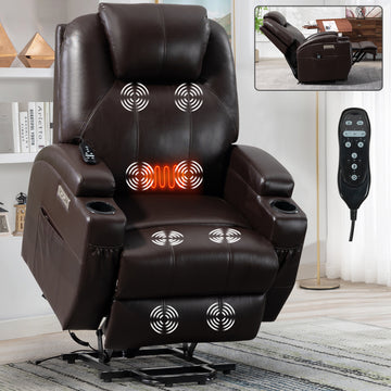 Up To 350Lbs Okin Motor Power Lift Recliner Chair For Elderly, Heavy Duty Motion Mechanism With 8 Point Vibration Massage And Lumbar Heating, Two Cup Holders And Usb Charge Port, Brown White Metal Primary Living Space Heavy Duty Pine Brown Faux Leather