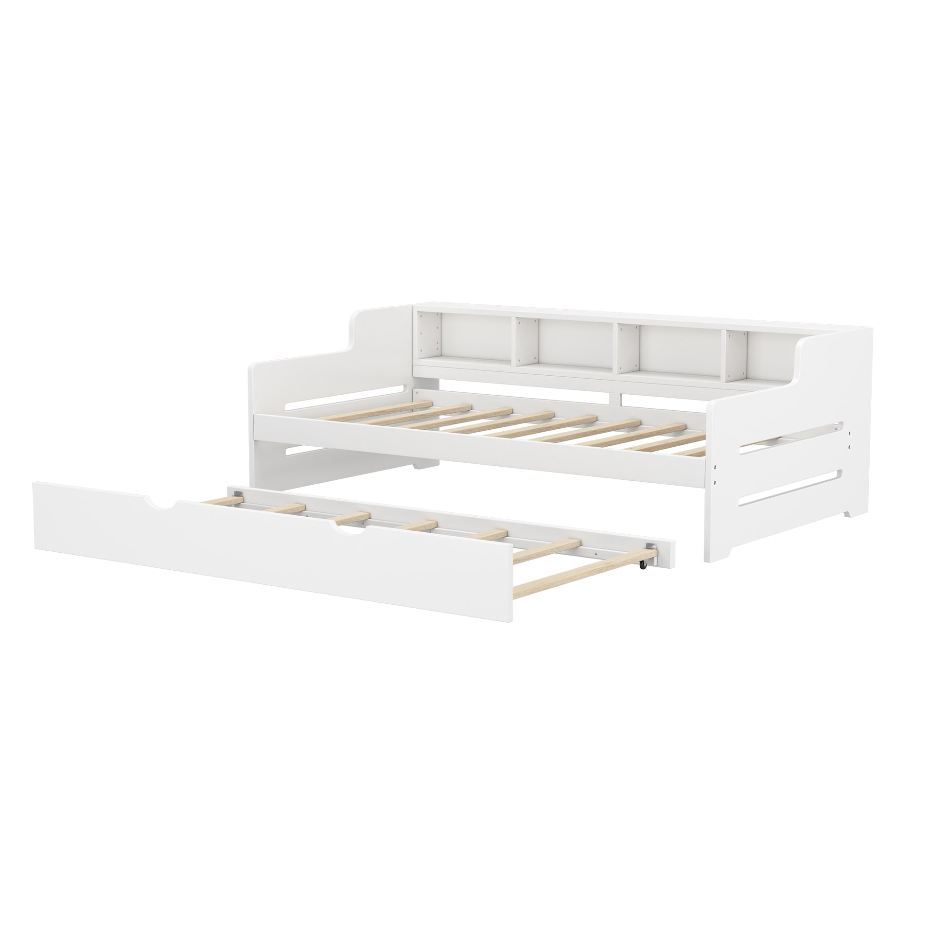 Twin Size Wooden Day Bed With Trundle For Guest Room, Small Bedroom, Study Room, White Box Spring Not Required Twin White Wood White Pine Daybeds Solid Wood Mdf