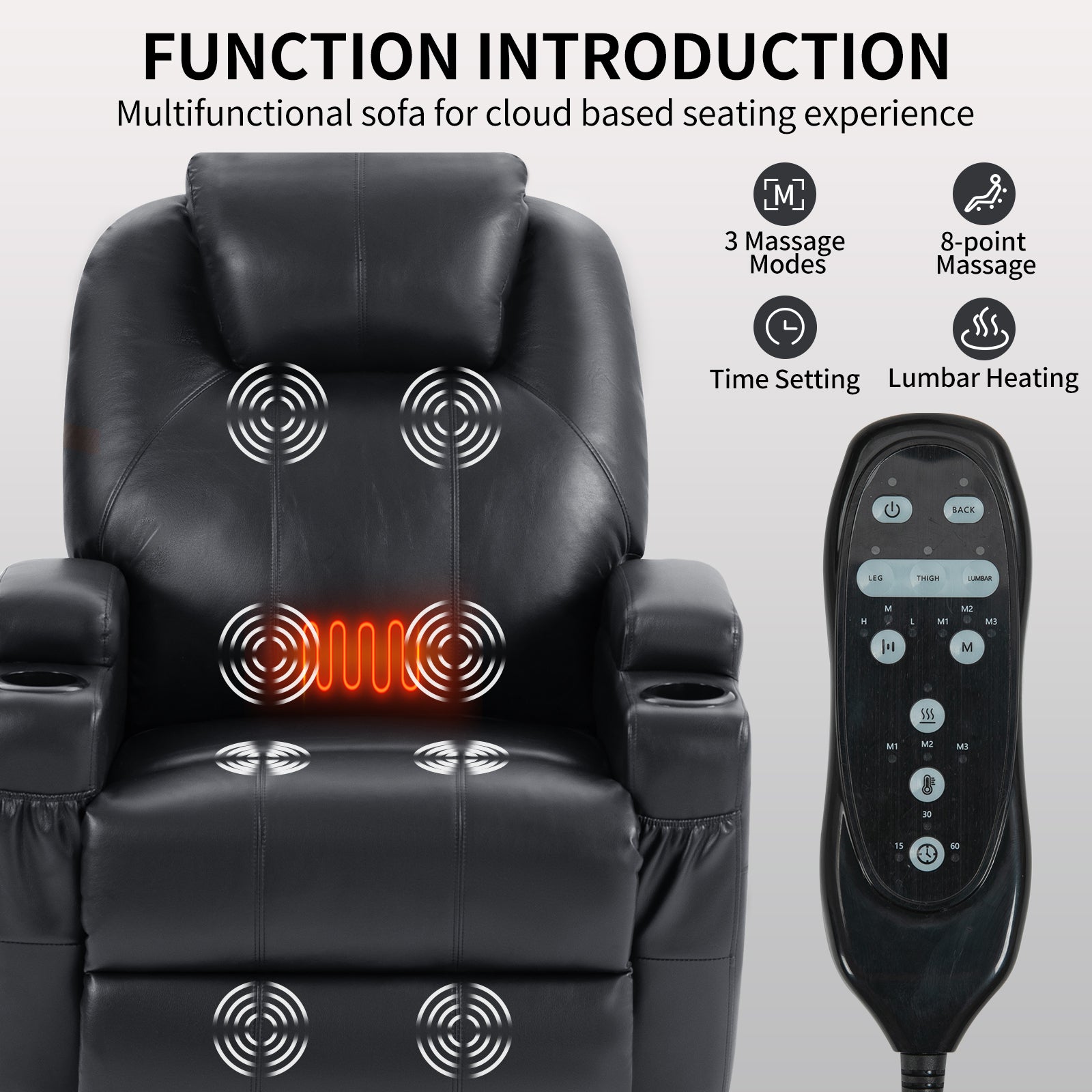 Up To 350Lbs Okin Motor Power Lift Recliner Chair For Elderly, Heavy Duty Motion Mechanism With 8 Point Vibration Massage And Lumbar Heating, Two Cup Holders And Usb Charge Port, Black White Metal Primary Living Space Heavy Duty Pine Black Faux Leather