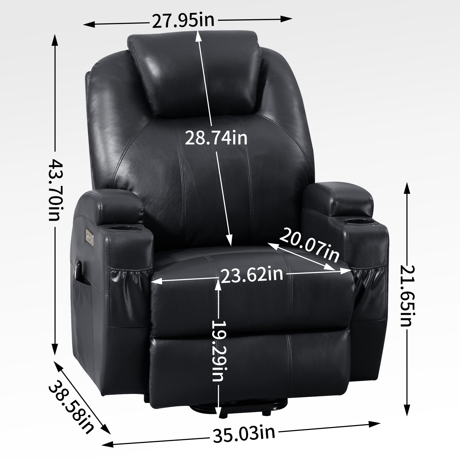 Up To 350Lbs Okin Motor Power Lift Recliner Chair For Elderly, Heavy Duty Motion Mechanism With 8 Point Vibration Massage And Lumbar Heating, Two Cup Holders And Usb Charge Port, Black White Metal Primary Living Space Heavy Duty Pine Black Faux Leather