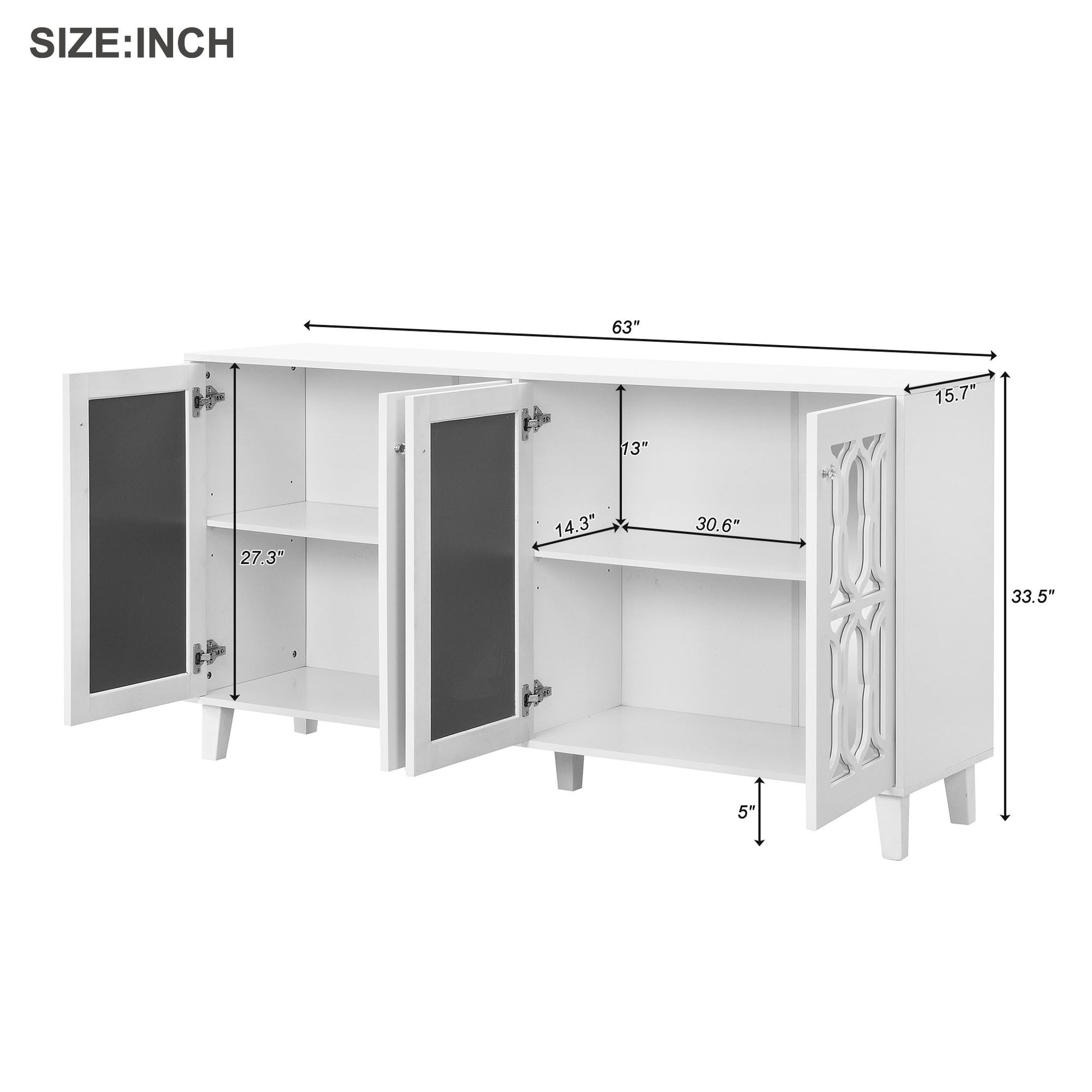 Buffet Cabinet With Adjustable Shelves, 4 Door Mirror Hollow Carved Tv Stand For Tvs Up To 70'', Multi Functional Console Table With Storage Credenza Accent Cabinet For Living Room, White 3 4 Spaces White Primary Living Space Adjustable Shelves Mdf