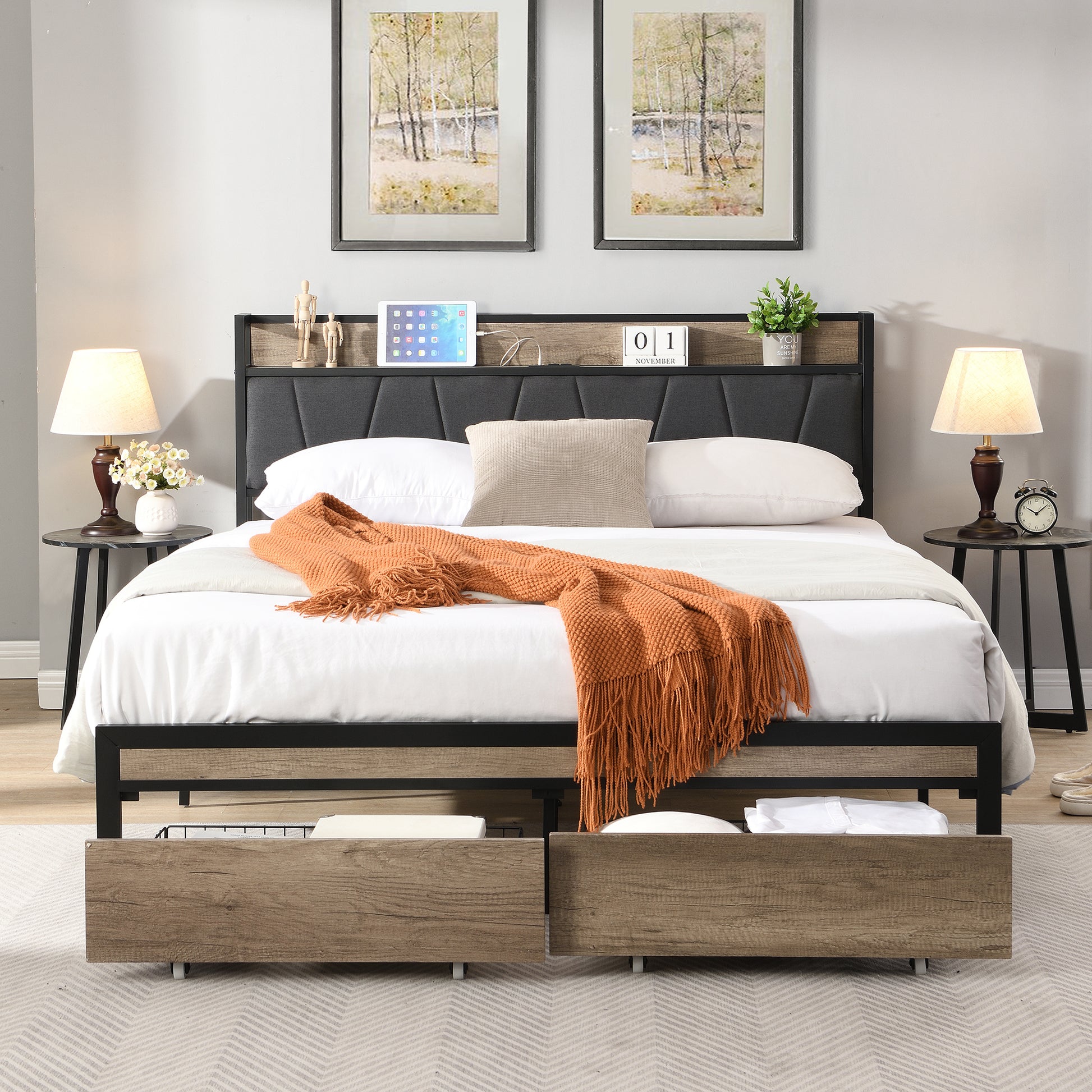 Full Size Metal Platform Bed Frame With Upholstery Storage Function Headboardand Usb Liner And Footboard With Drawersno Box Spring Needed, Large Under Bed Storage, Easy Assemble Black Grey Mdf Metal