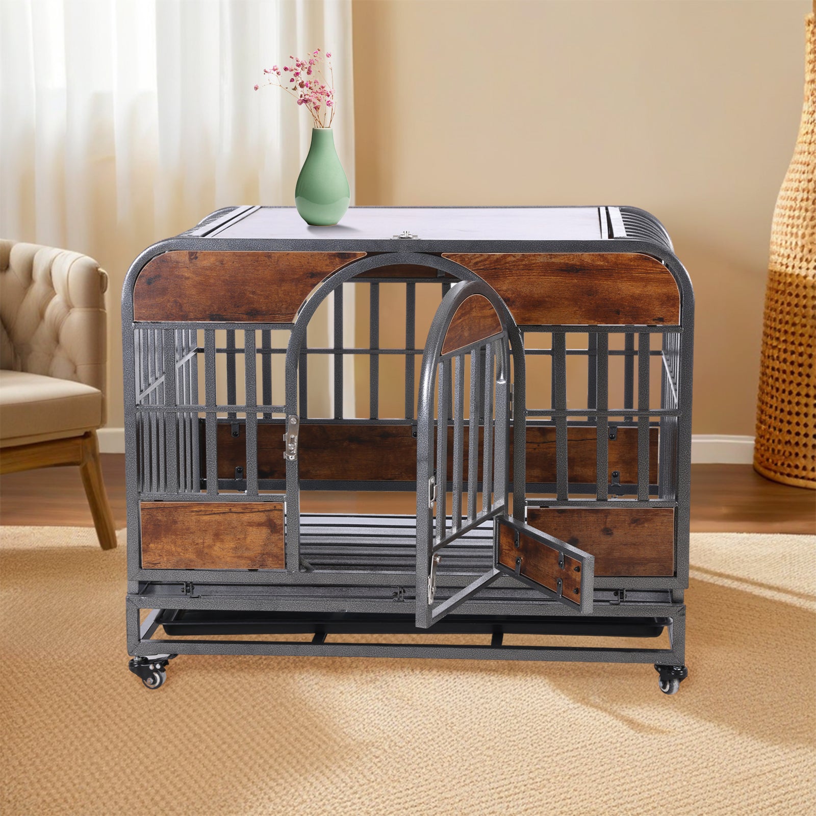 37In Heavy Duty Dog Crate, Furniture Style Dog Crate With Removable Trays And Wheels For High Anxiety Dogs Brown Abs Abs