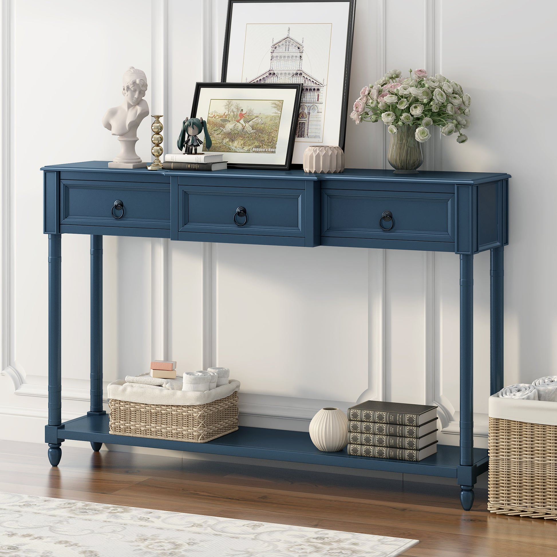 Console Table Sofa Table With Drawers For Entryway With Projecting Drawers And Long Shelf Antique Navy, Old Sku: Wf189574Aam Antique Navy Solid Wood Mdf
