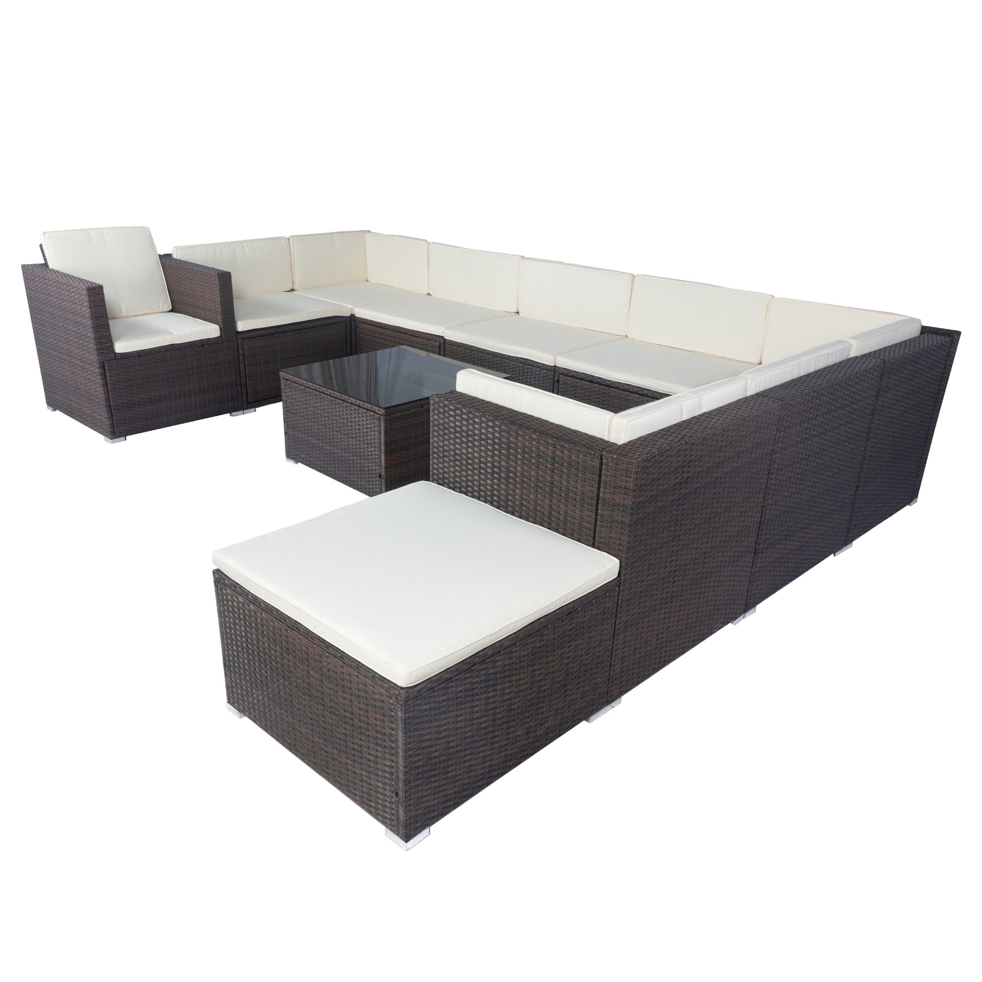 11 Piece Patio Wicker Conversation Set, 10 Seater Patio Sectional Set With 3 Storage Box Under Seat Brown Wicker White Cushion Yes Complete Patio Set Brown Rust Resistant Frame Mildew Resistant Cushion Garden & Outdoor Modern Complete Patio Sets Fiber