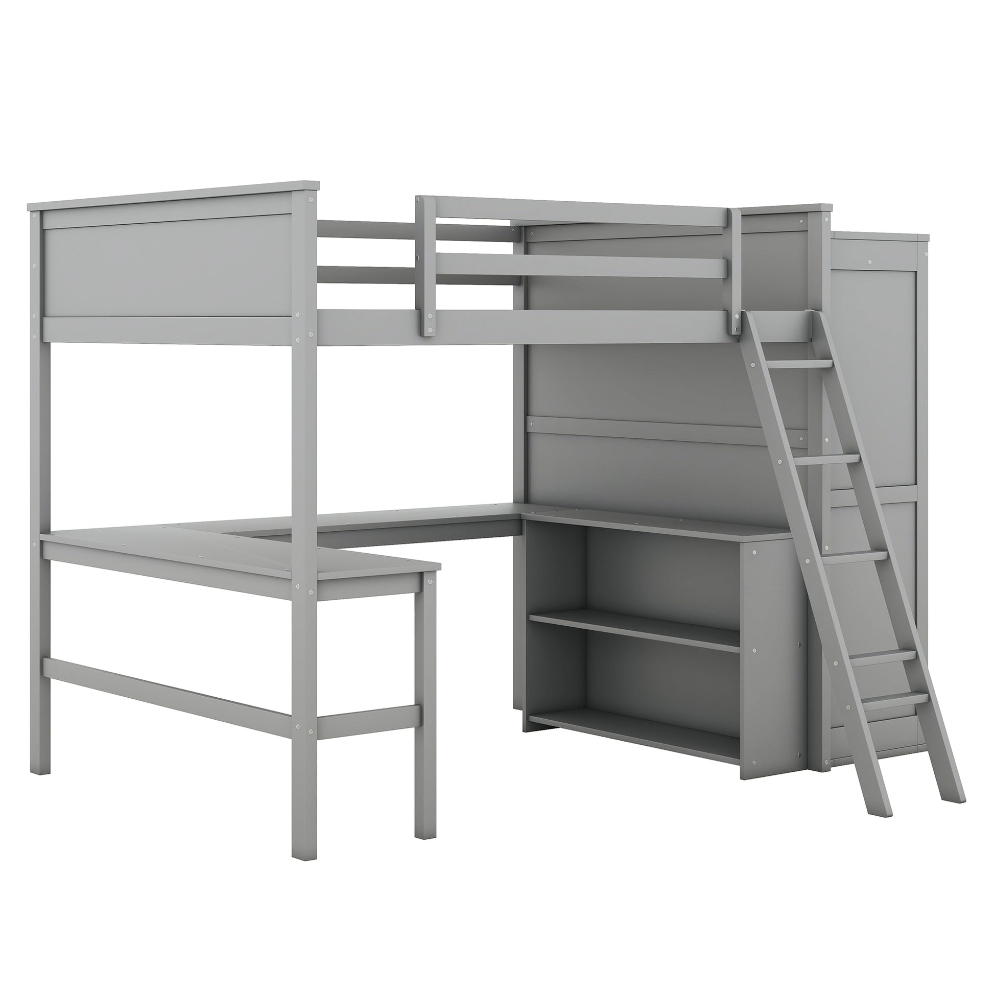 Full Size Loft Bed With Desk, Shelves And Wardrobe Gray Gray Solid Wood