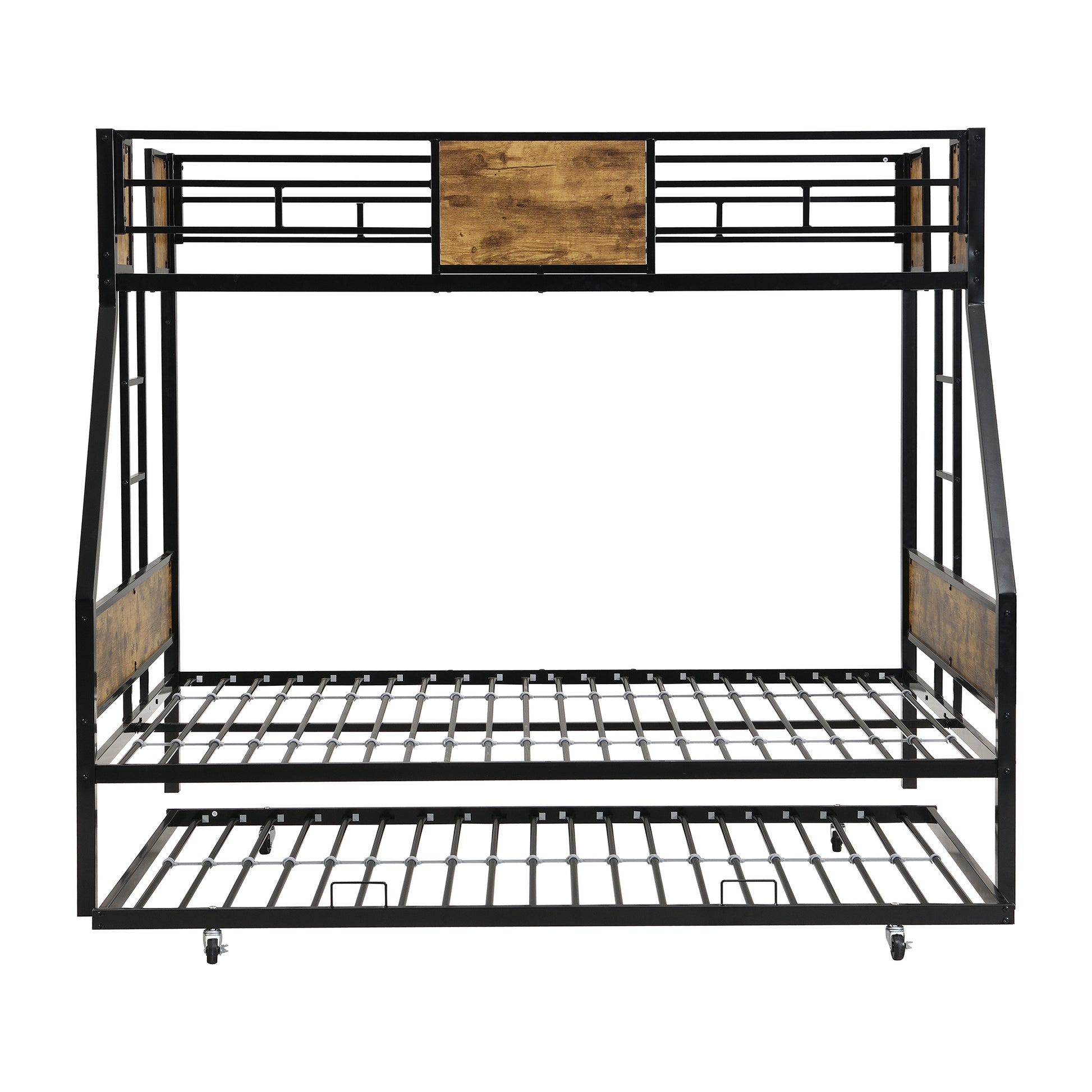 Twin Over Full Metal Bunk Bed With Trundle 2 Side Ladder And Full Length Guardrail, No Box Spring Needed, Large Under Bed Storage, Easy Assembleblack & Brown Black Brown Mdf Metal
