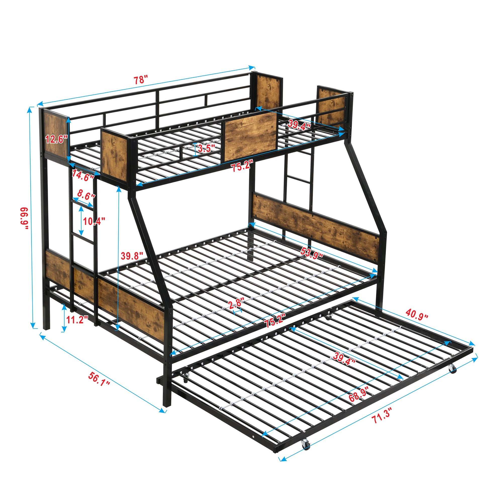 Twin Over Full Metal Bunk Bed With Trundle 2 Side Ladder And Full Length Guardrail, No Box Spring Needed, Large Under Bed Storage, Easy Assembleblack & Brown Black Brown Mdf Metal