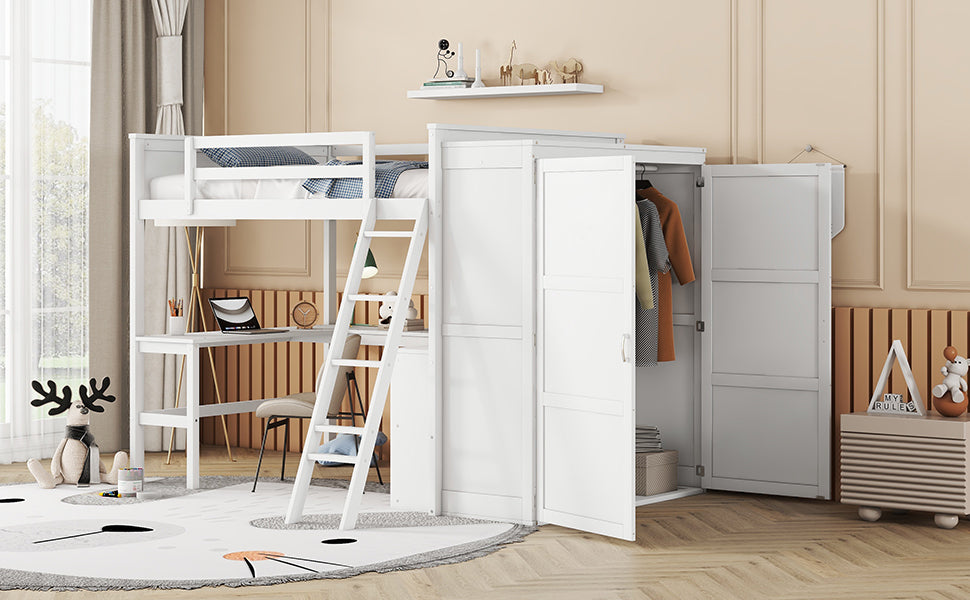 Full Size Loft Bed With Desk, Shelves And Wardrobe White White Solid Wood