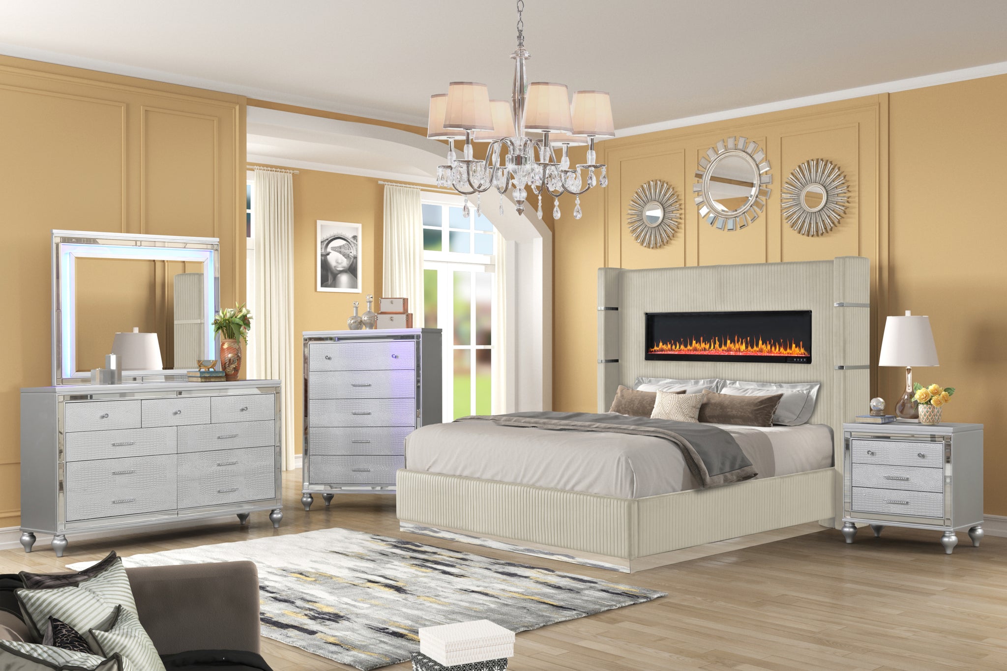 Lizelle Upholstery Wooden King 5 Pc Bedroom Set With Ambient Lighting In Beige Velvet Finish Box Spring Required King Beige Wood 5 Piece Set Bedroom Bed Included,Chest Included,Dresser Included,Mirror Included,Nightstand Included Modern Solid Wood Mdf