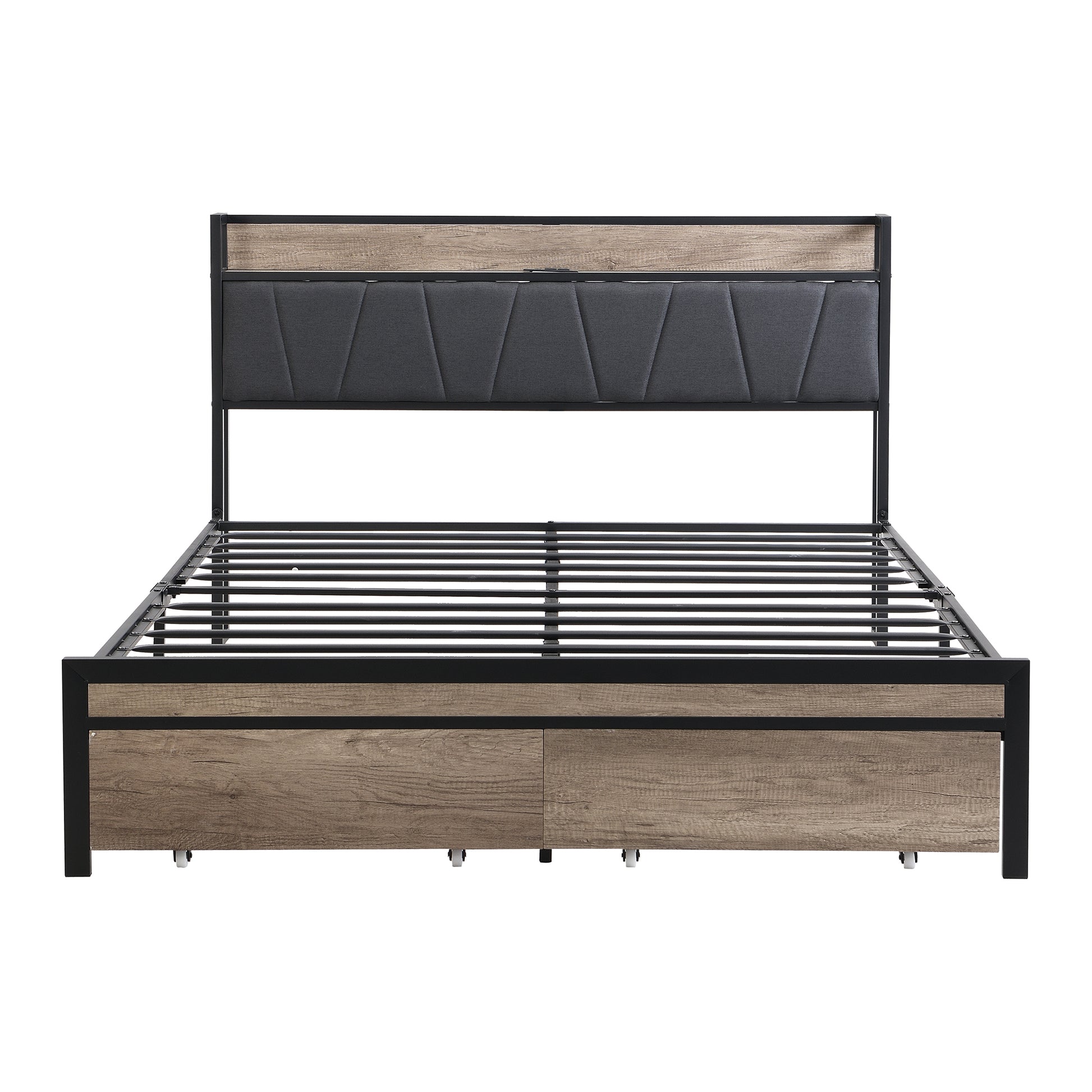 Queen Size Metal Platform Bed Frame With Upholstery Storage Function Headboardand Usb Liner And Footboard With Drawersno Box Spring Needed, Large Under Bed Storage, Easy Assemble Black Gray Mdf Metal