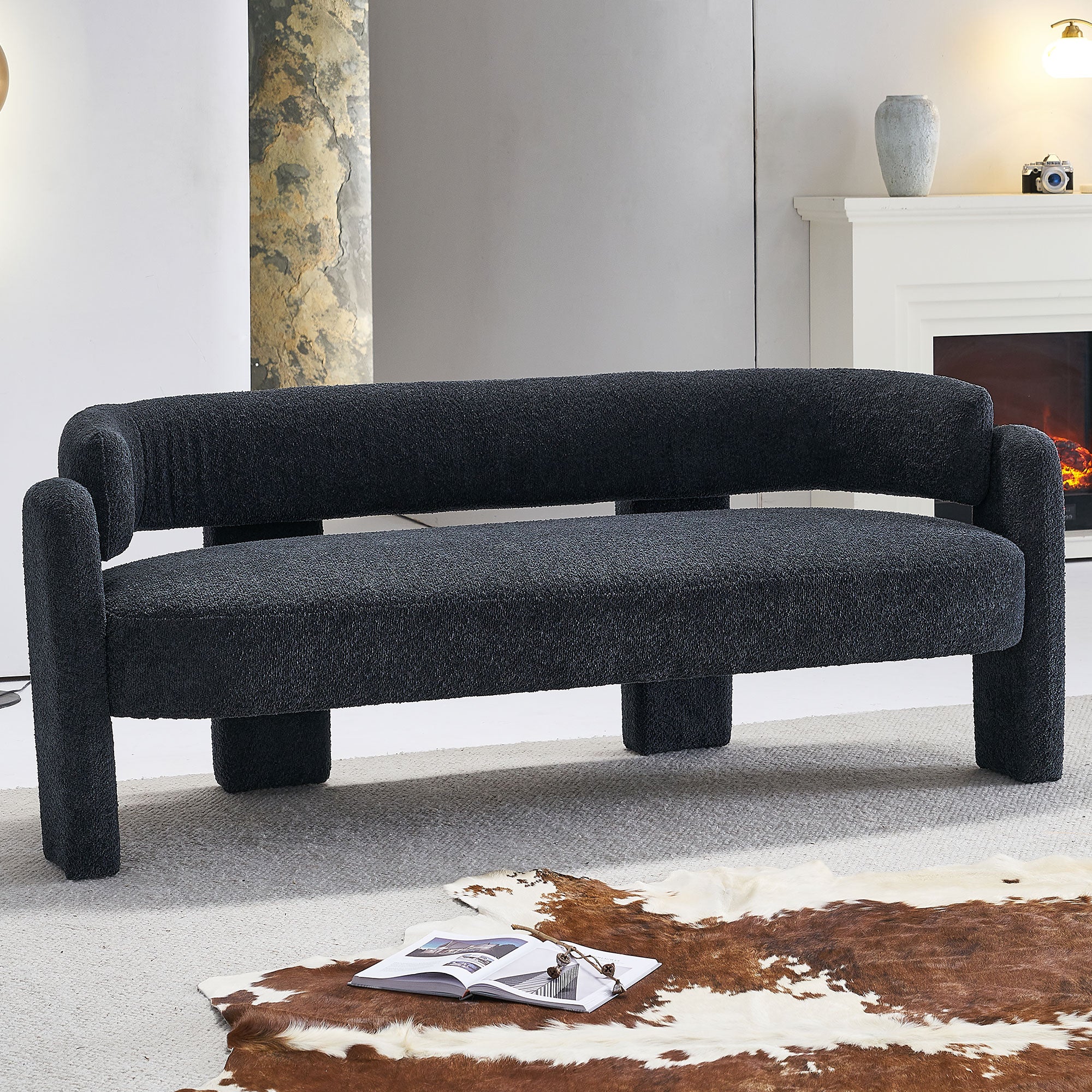 75.59" Wide Boucle Upholstery Modern Sofa For Living Room Dark Grey Dark Grey Polyester Wood Primary Living Space Tight Back Modern Rolled Arms Foam Boucle 1 Seat