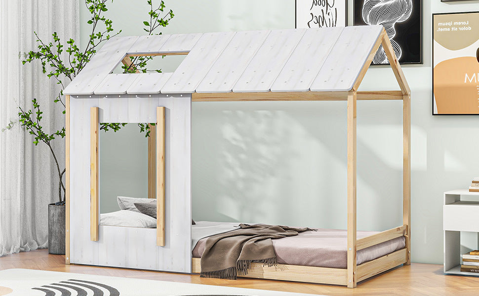 Twin Size House Platform With Roof And Windowwhite Natural Box Spring Not Required Twin Natural White Wood Bedroom Pine