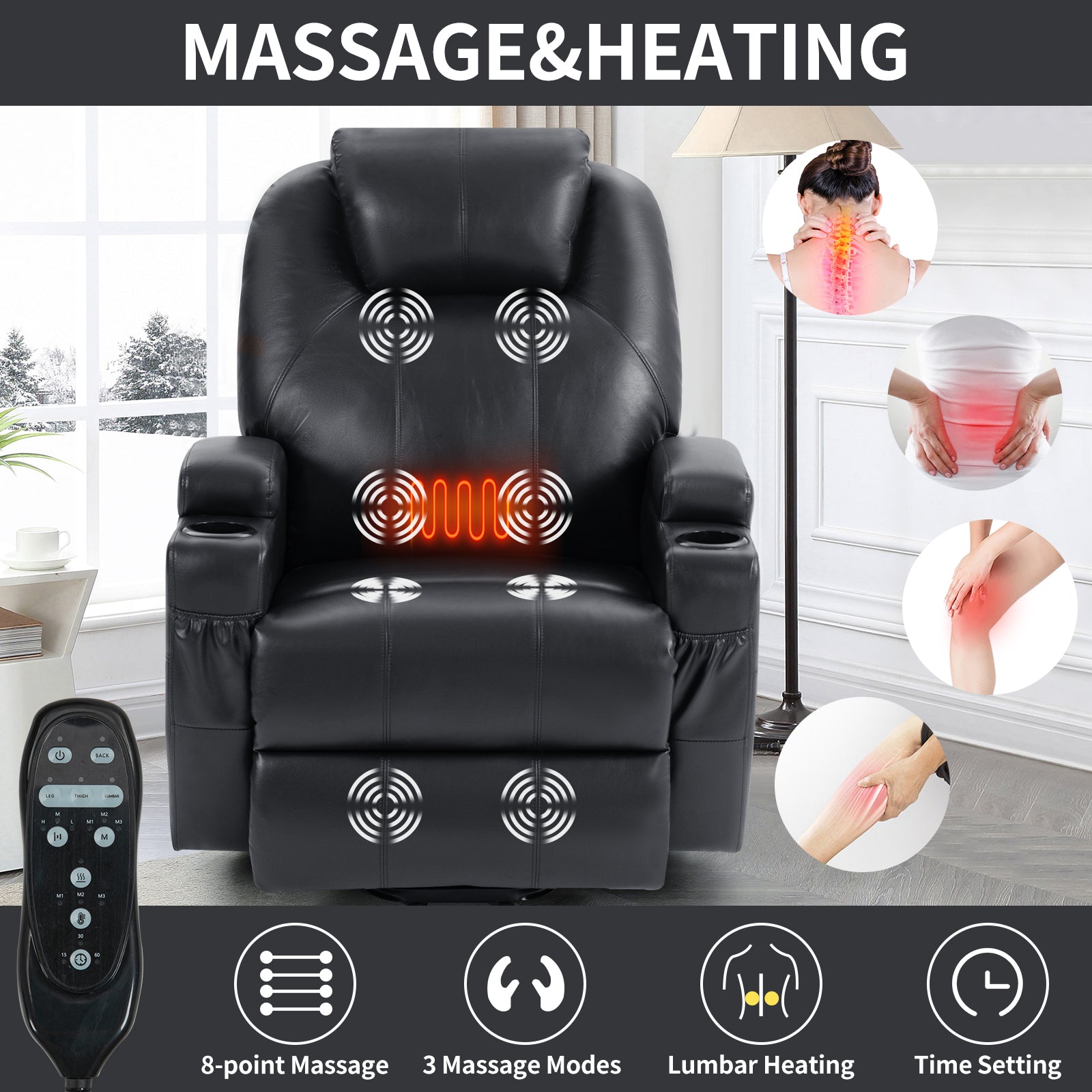 Up To 350Lbs Okin Motor Power Lift Recliner Chair For Elderly, Heavy Duty Motion Mechanism With 8 Point Vibration Massage And Lumbar Heating, Two Cup Holders And Usb Charge Port, Black White Metal Primary Living Space Heavy Duty Pine Black Faux Leather