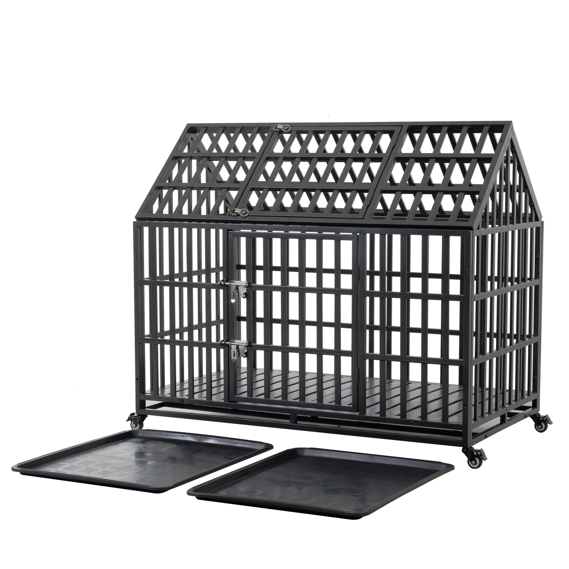 52" Heavy Duty Dog Crate Large Dog Cage Strong Metal Dog Kennels And Crates For Large Dogs With 4 Lockable Wheels Black Carbon Steel