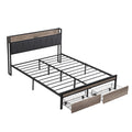 Queen Size Metal Platform Bed Frame With Upholstery Storage Function Headboardand Usb Liner And Footboard With Drawersno Box Spring Needed, Large Under Bed Storage, Easy Assemble Black Gray Mdf Metal