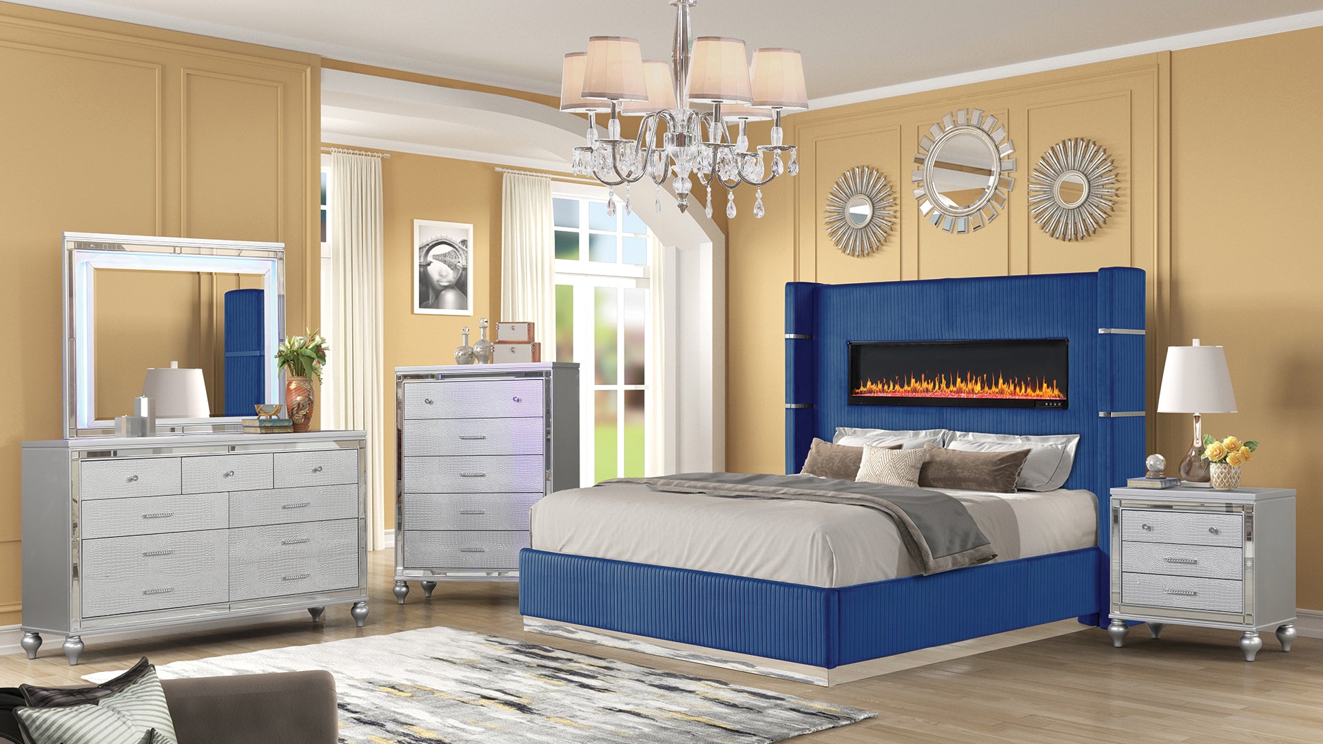 Modern Style Upholstery Queen 5 Piece Includes: Queen Size Bed, Nightstandchest, Dresser, And Mirror Fireplace Bedroom Set Made With Wood In Blue Box Spring Required Queen Blue Wood 5 Piece Set