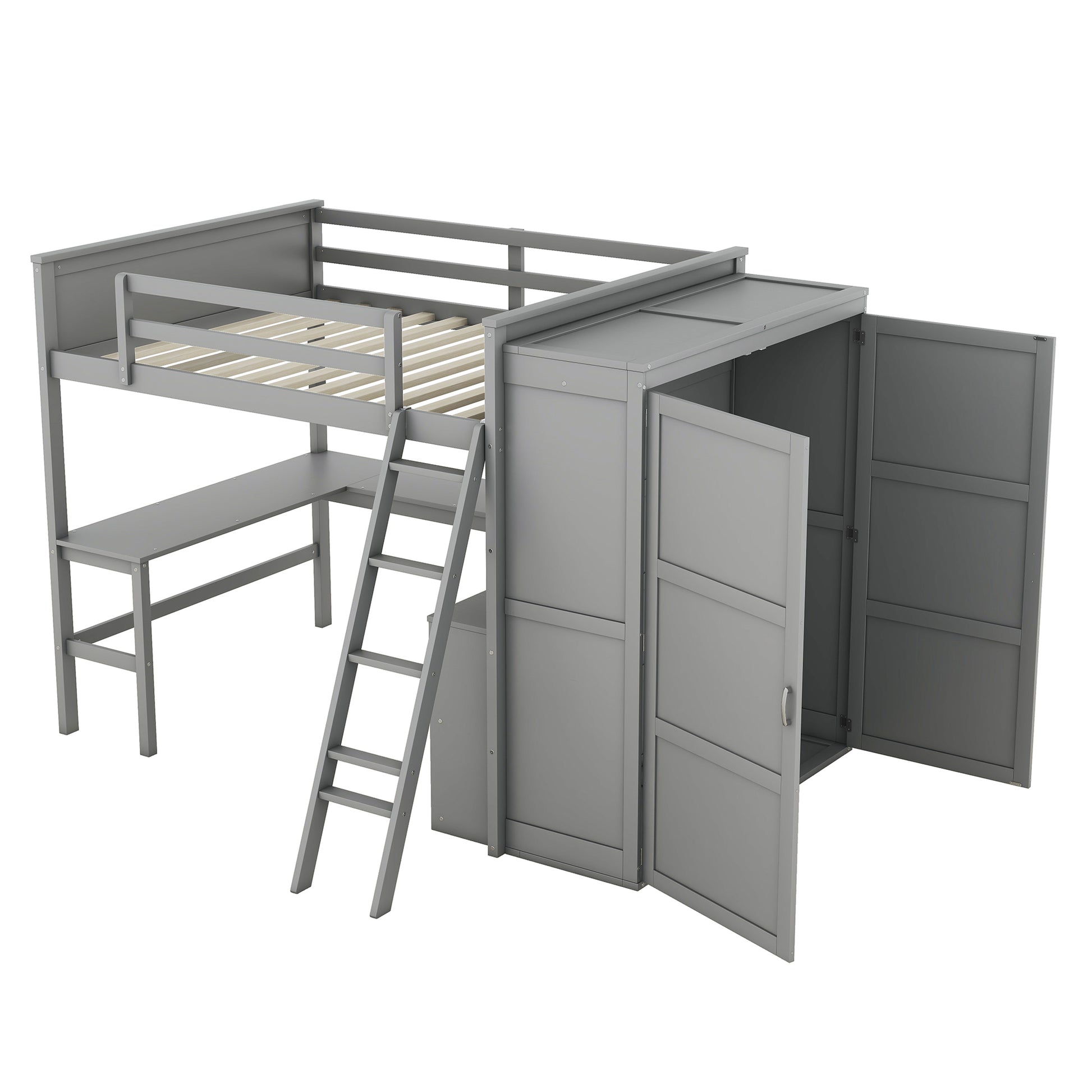 Full Size Loft Bed With Desk, Shelves And Wardrobe Gray Gray Solid Wood