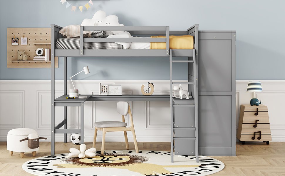 Full Size Loft Bed With Desk, Shelves And Wardrobe Gray Gray Solid Wood