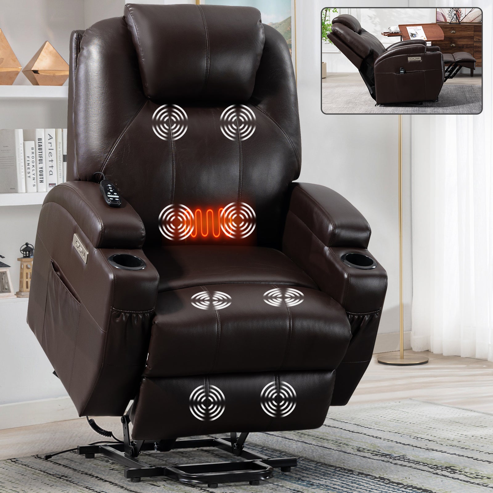 Up To 350Lbs Okin Motor Power Lift Recliner Chair For Elderly, Heavy Duty Motion Mechanism With 8 Point Vibration Massage And Lumbar Heating, Two Cup Holders And Usb Charge Port, Brown White Metal Primary Living Space Heavy Duty Pine Brown Faux Leather