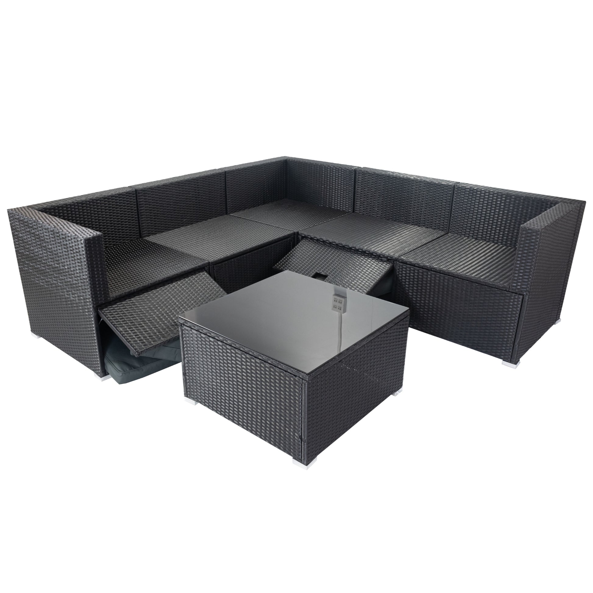 6 Pieces Pe Rattan Sectional Outdoor Furniture Cushioned Sofa Set With 3 Storage Under Seat Black Wicker Dark Grey Cushion Yes Complete Patio Set Black Rust Resistant Frame Mildew Resistant Cushion Garden & Outdoor Modern Complete Patio Sets Fiber Foam