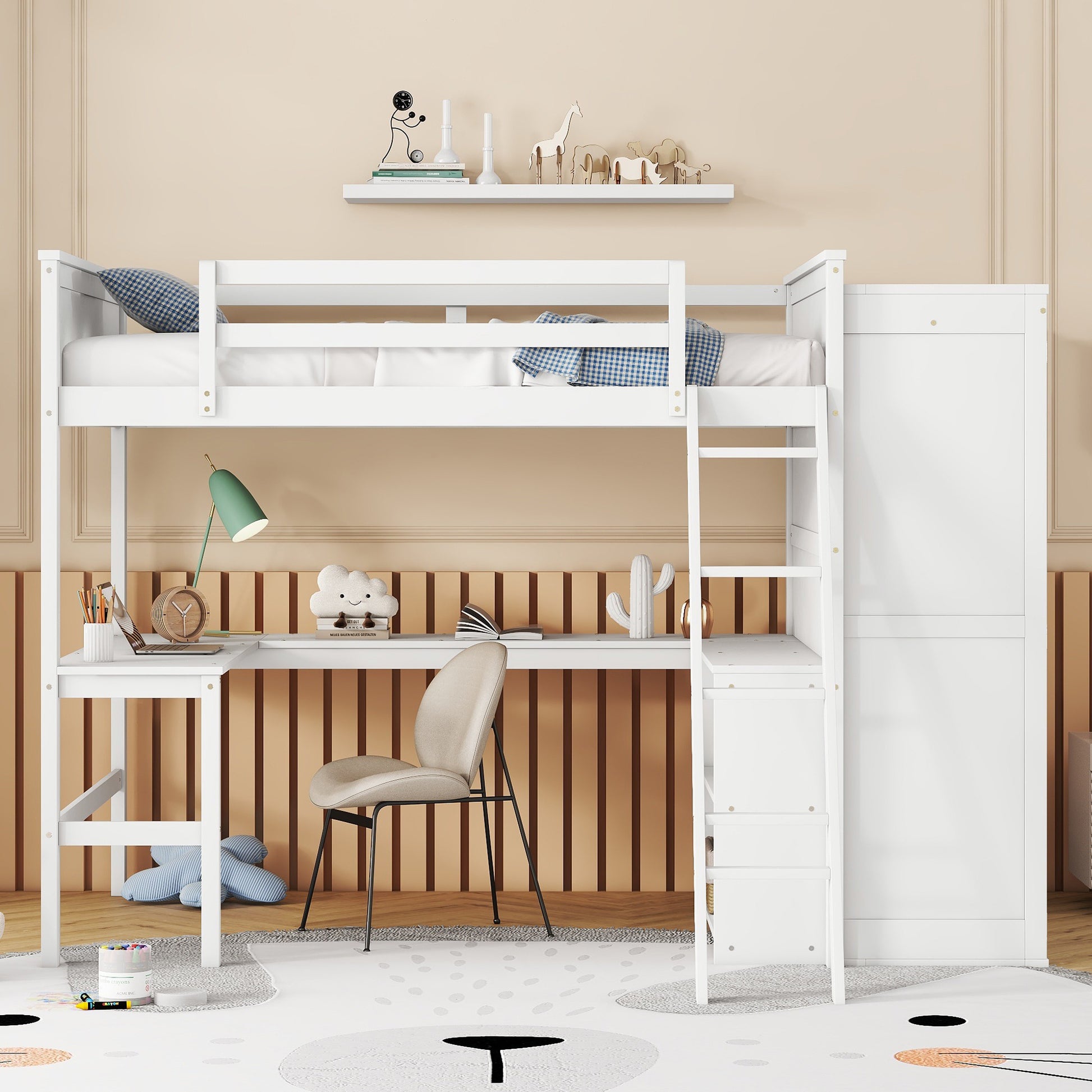 Full Size Loft Bed With Desk, Shelves And Wardrobe White White Solid Wood