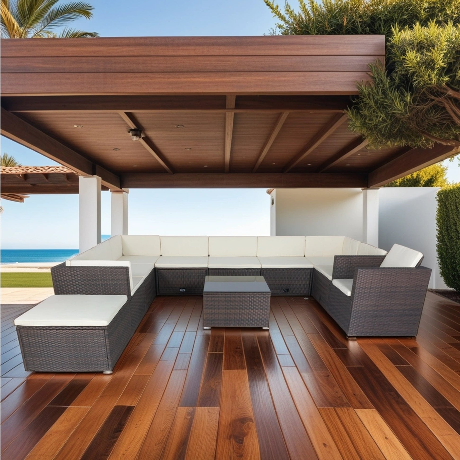 11 Piece Patio Wicker Conversation Set, 10 Seater Patio Sectional Set With 3 Storage Box Under Seat Brown Wicker White Cushion Yes Complete Patio Set Brown Rust Resistant Frame Mildew Resistant Cushion Garden & Outdoor Modern Complete Patio Sets Fiber
