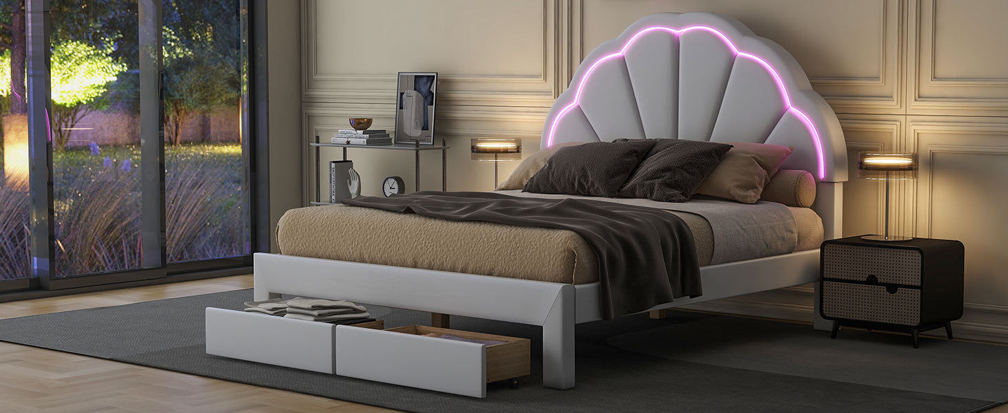Full Size Upholstered Platform Bed With Seashell Shaped Headboard, Led And 2 Drawers, White Box Spring Not Required Full White Wood Bedroom Bed Frame Faux Leather Upholstered