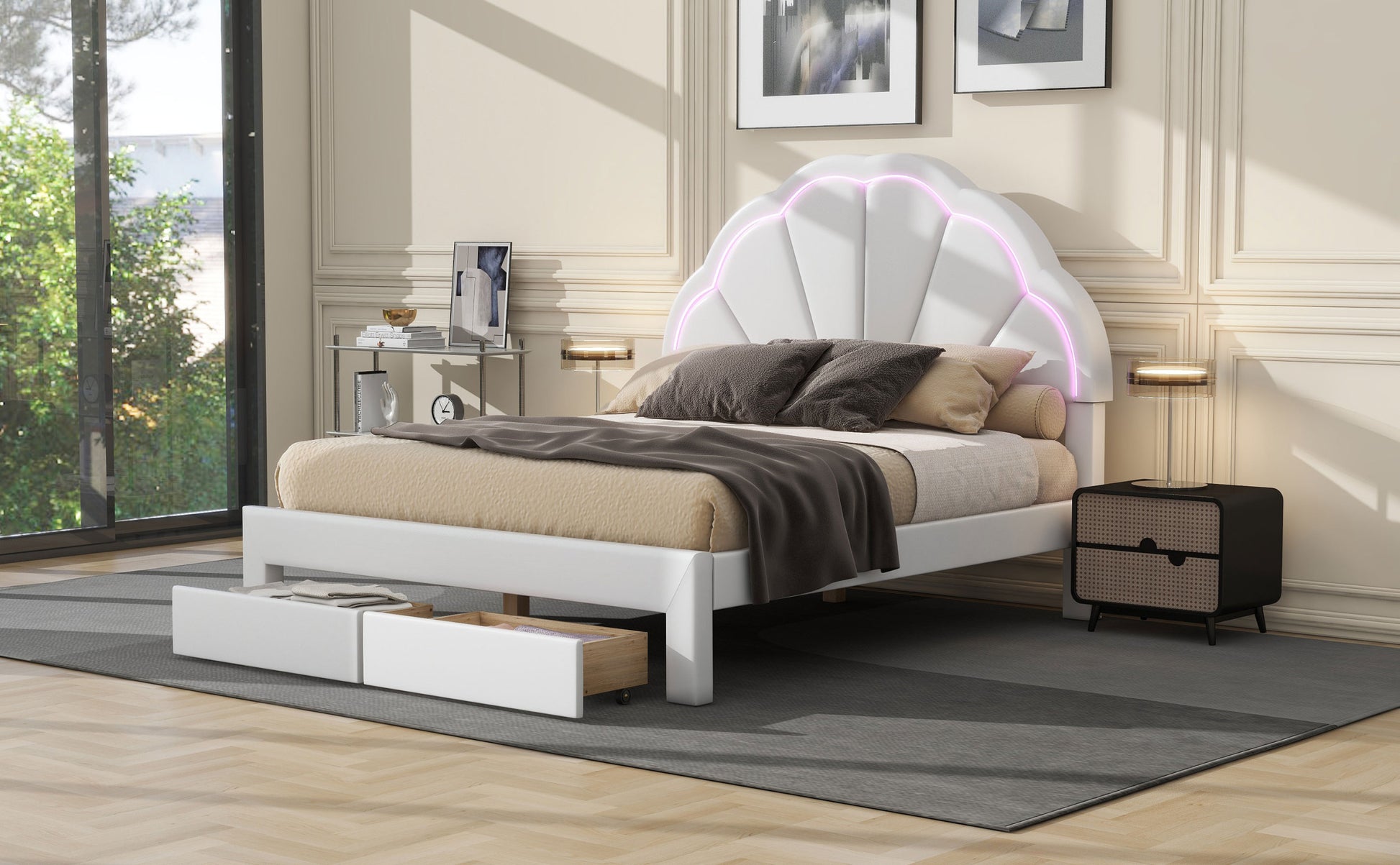 Full Size Upholstered Platform Bed With Seashell Shaped Headboard, Led And 2 Drawers, White Box Spring Not Required Full White Wood Bedroom Bed Frame Faux Leather Upholstered