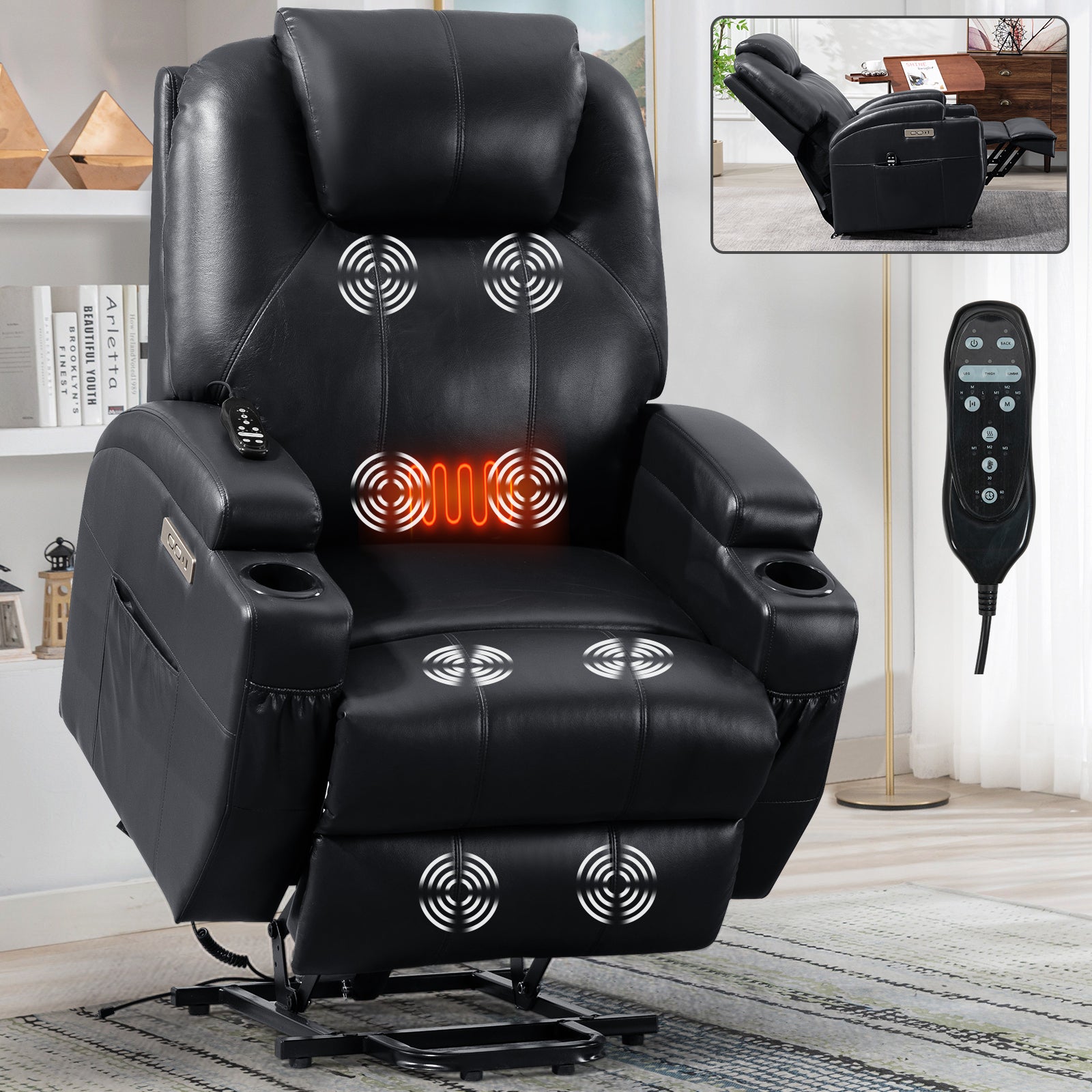 Up To 350Lbs Okin Motor Power Lift Recliner Chair For Elderly, Heavy Duty Motion Mechanism With 8 Point Vibration Massage And Lumbar Heating, Two Cup Holders And Usb Charge Port, Black White Metal Primary Living Space Heavy Duty Pine Black Faux Leather