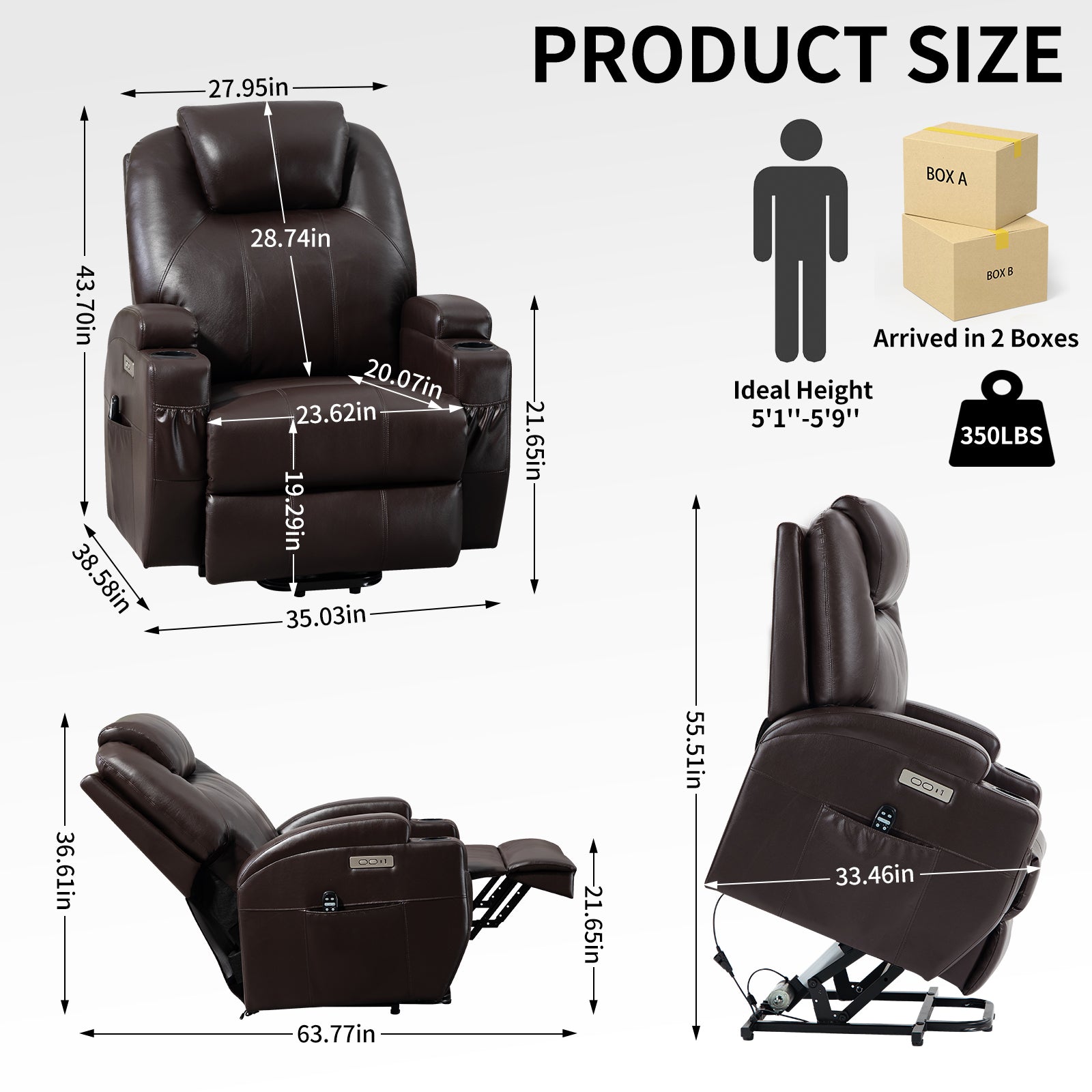 Up To 350Lbs Okin Motor Power Lift Recliner Chair For Elderly, Heavy Duty Motion Mechanism With 8 Point Vibration Massage And Lumbar Heating, Two Cup Holders And Usb Charge Port, Brown White Metal Primary Living Space Heavy Duty Pine Brown Faux Leather