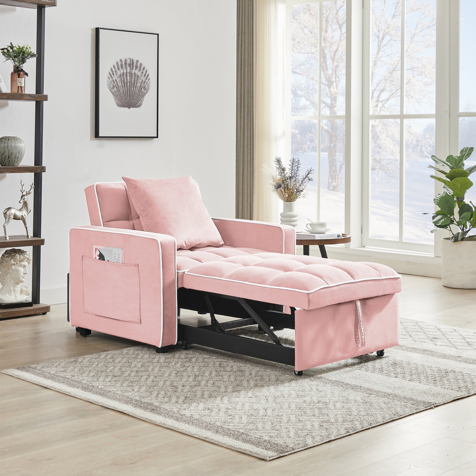Three In One Sofa Bed Chair Folding Sofa Bed Adjustable Back Into A Sofa Recliner Single Bed Adult Modern Chair Bed Berth Pink White Wood Primary Living Space Medium Duty Eucalyptus 1 Seat Pink Velvet Medium Soft Tufted Back Modern Pillow Top Arms Solid