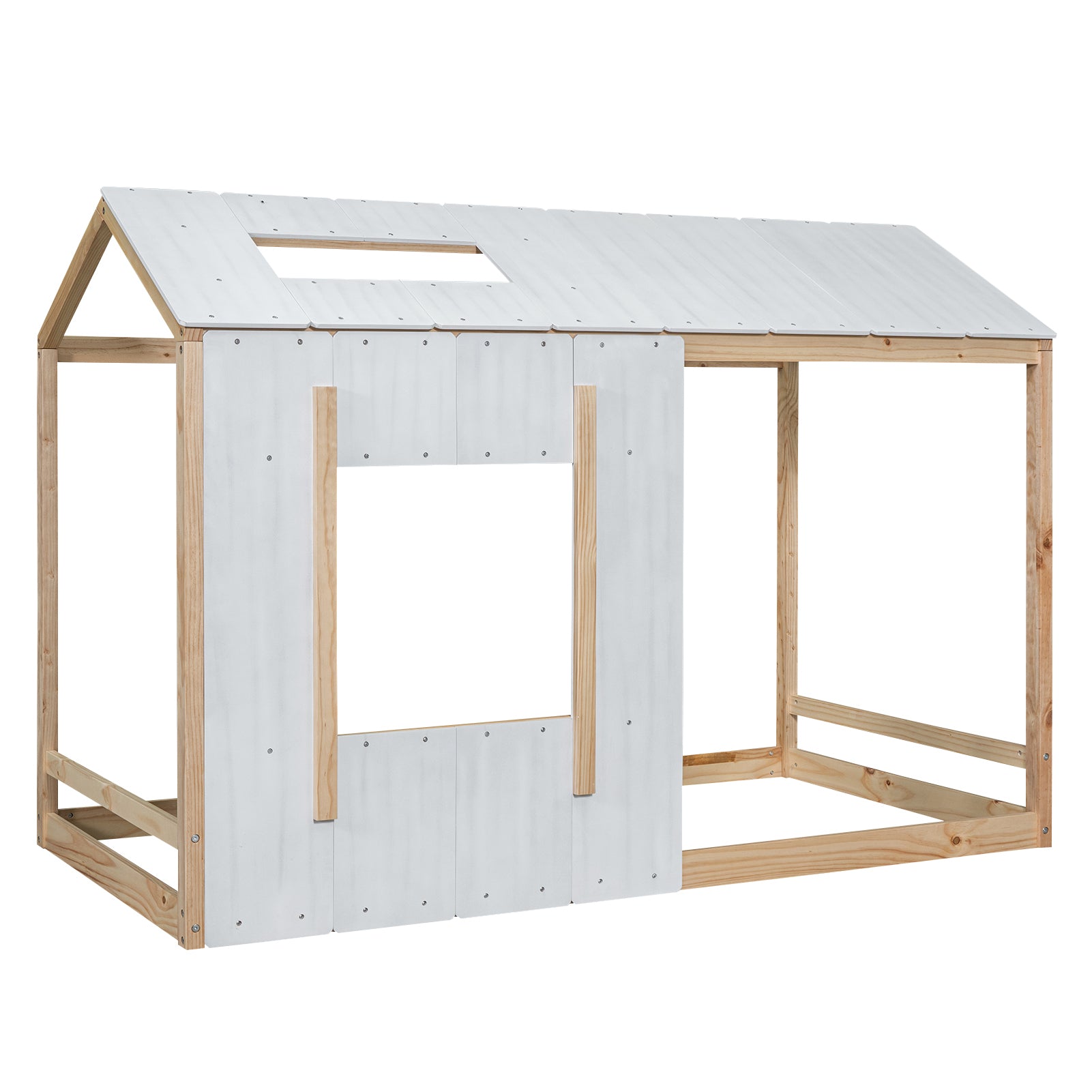 Twin Size House Platform With Roof And Windowwhite Natural Box Spring Not Required Twin Natural White Wood Bedroom Pine