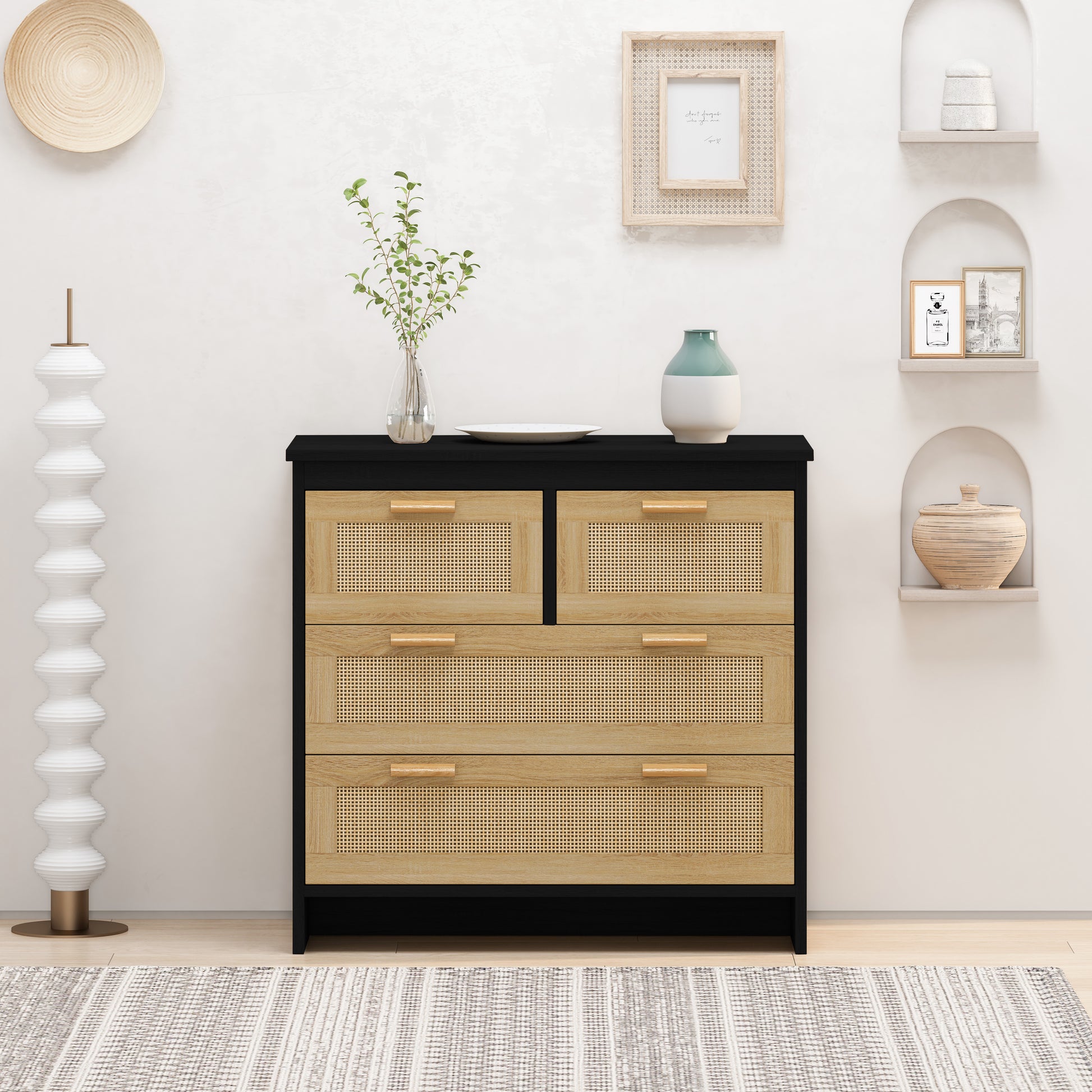 4 Drawers Rattan Cabinet,For Bedroom,Living Room,Dining Room,Hallways,Easy Assembly, Black Black Particle Board