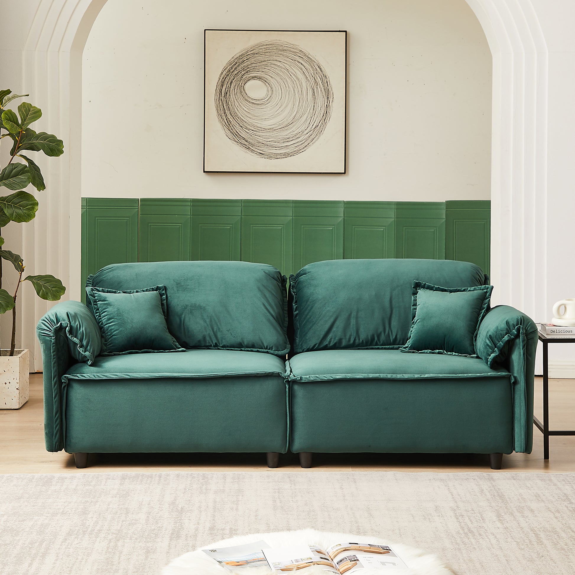 Luxury Modern Style Living Room Upholstery Sofa, Velvet Green Wood Wood