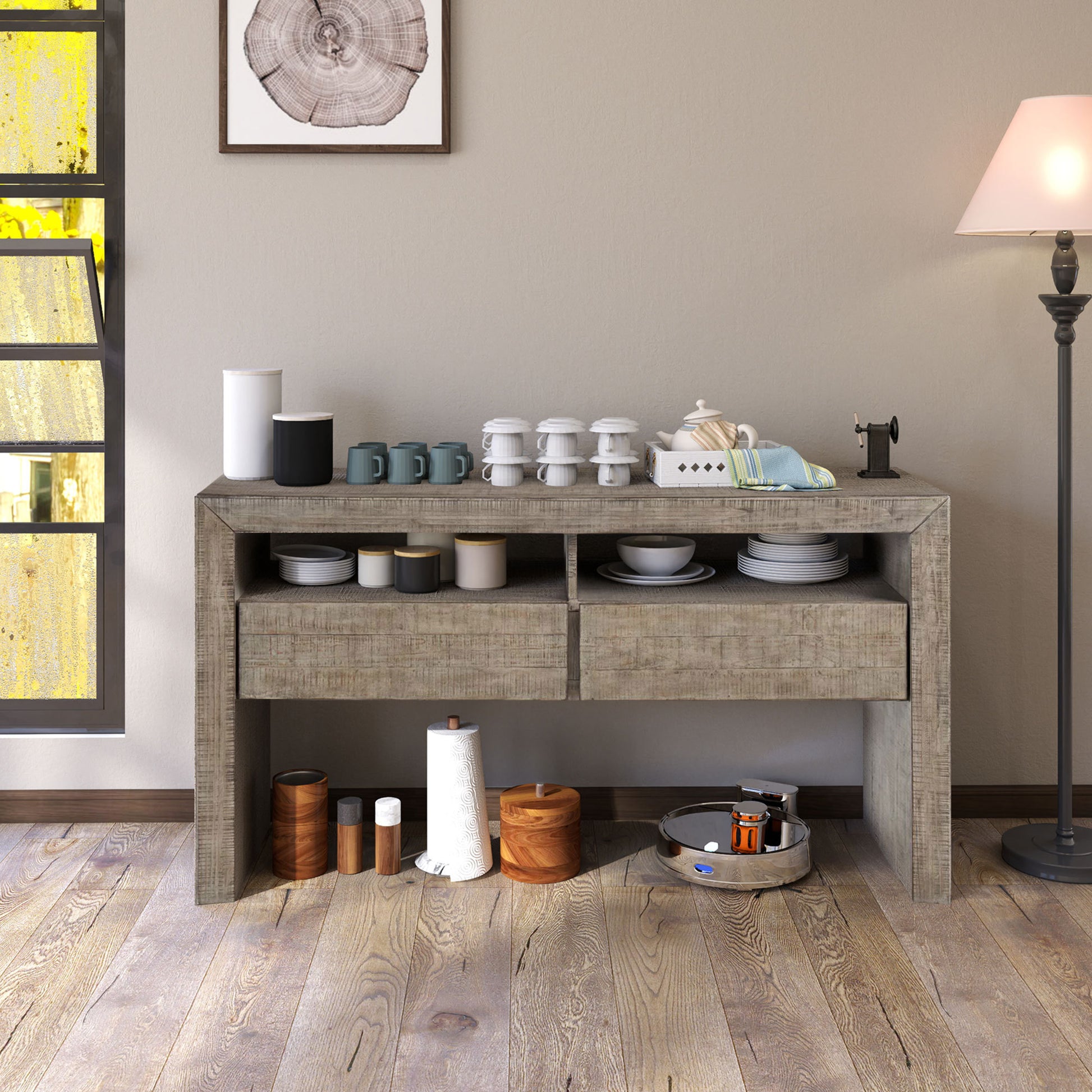 Buffet Storage Cabinet 62*18.8*33.5Inch , Sideboard Farmhouse Server Cabinet With 2 Drawers And 2 Open Storage Console Table For Kitchen, Dining Living Room Cupboard, Grey Gray Pine