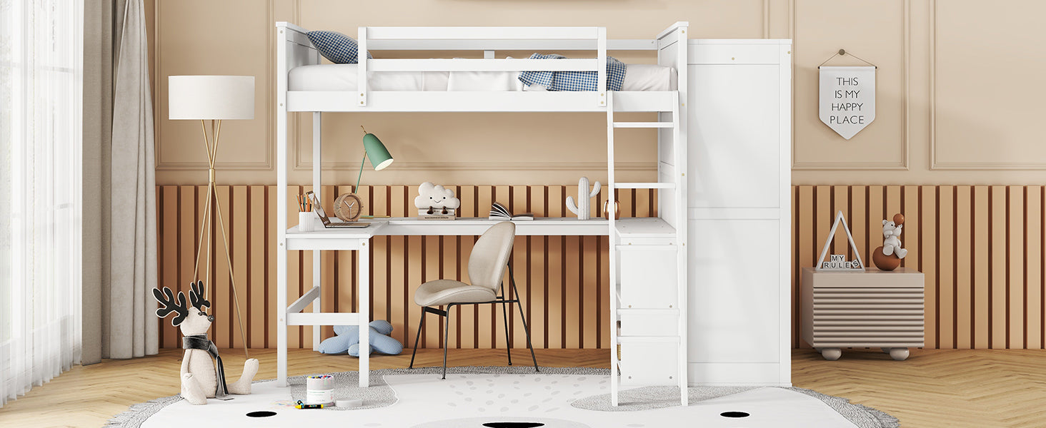 Full Size Loft Bed With Desk, Shelves And Wardrobe White White Solid Wood