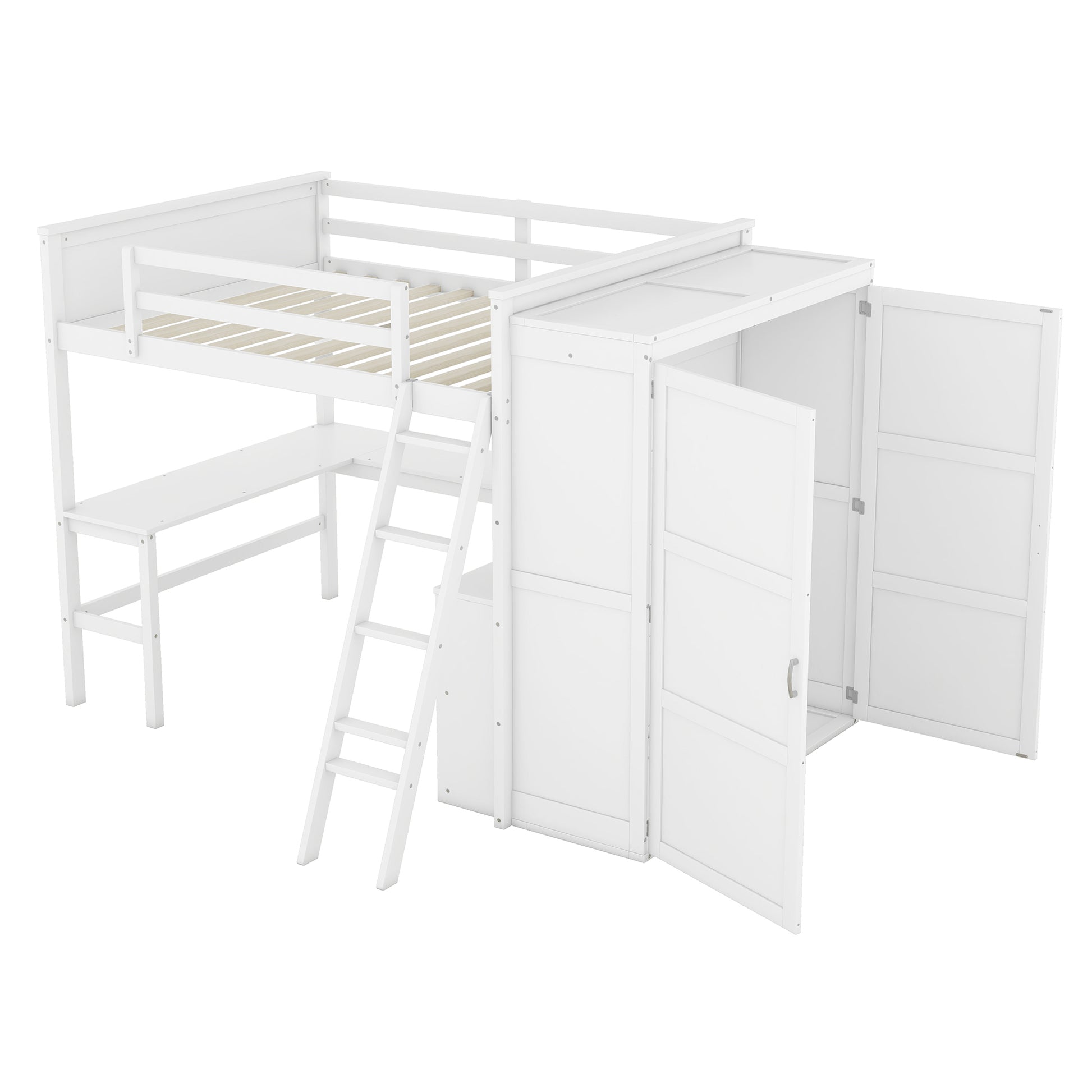 Full Size Loft Bed With Desk, Shelves And Wardrobe White White Solid Wood