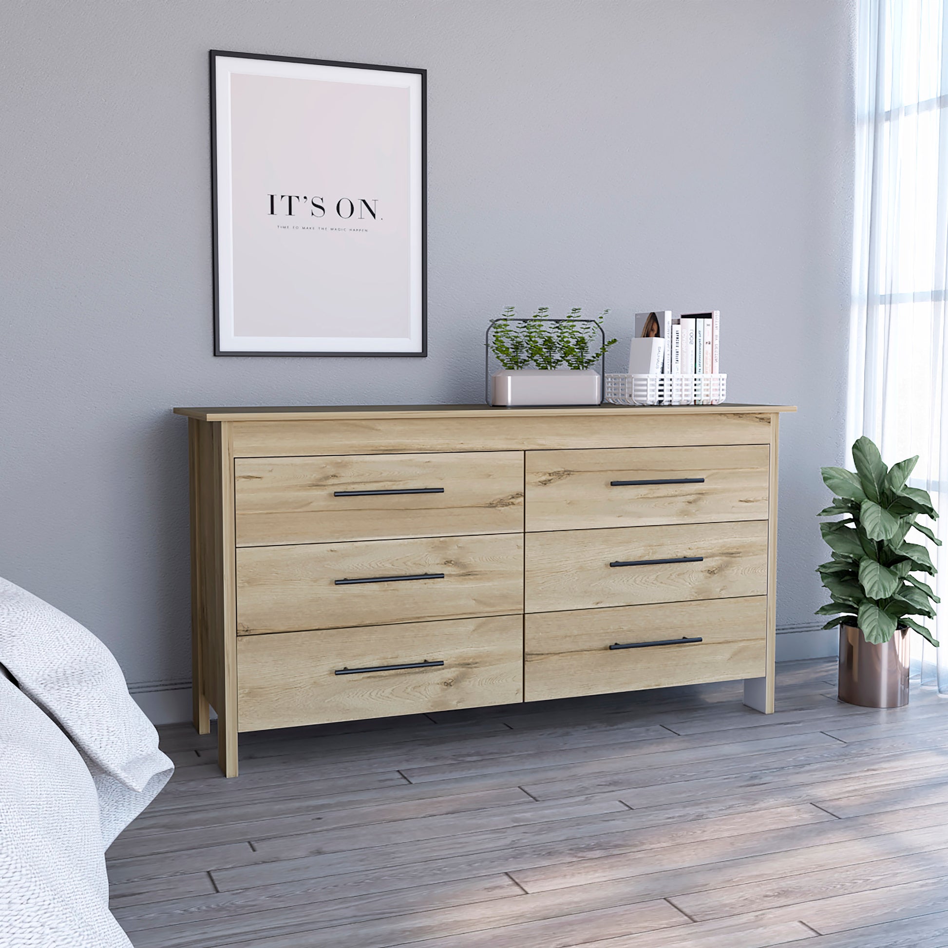 6 Drawer Double Dresser Wezz, Bedroom, Light Oak White Light Oak Particle Board Particle Board