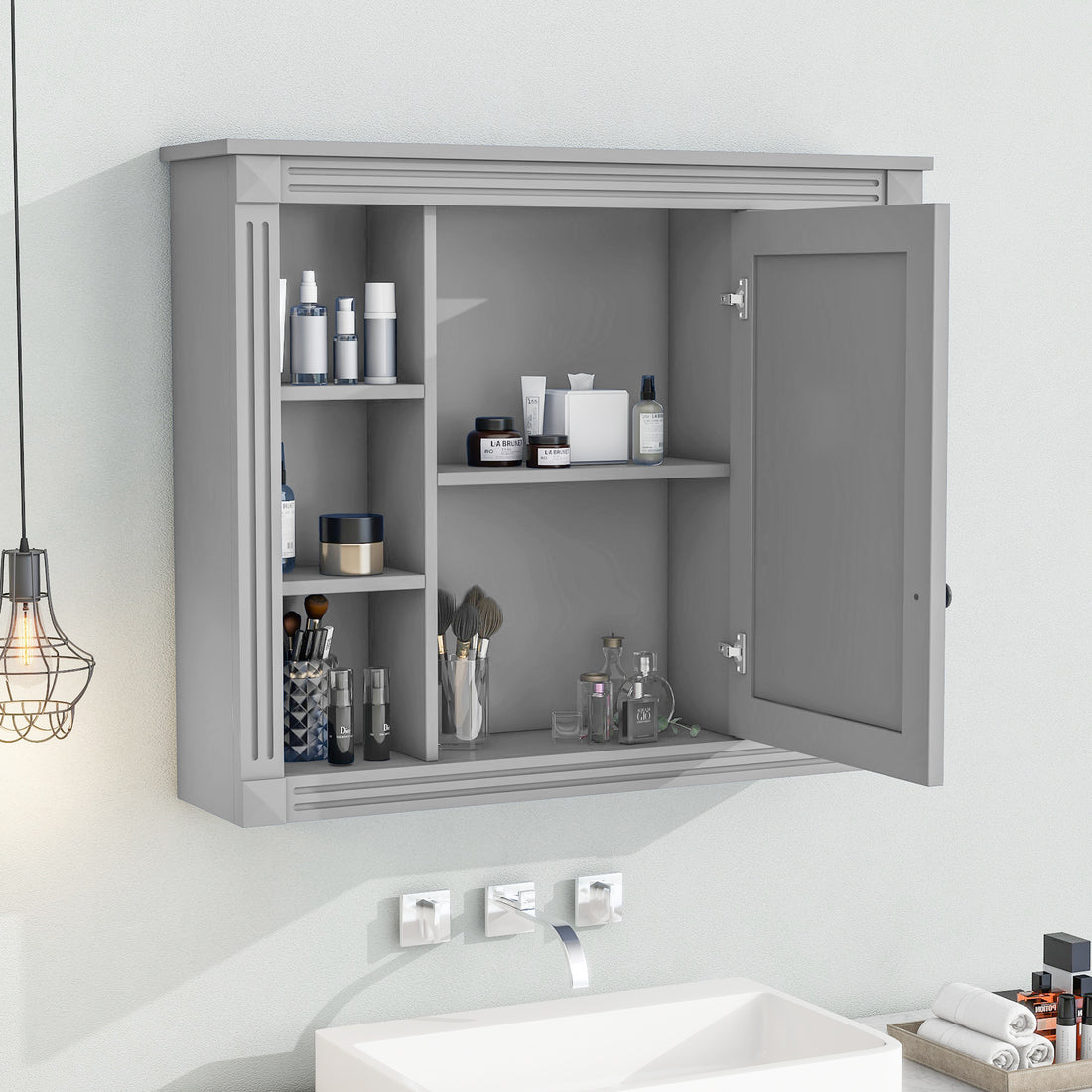 35'' X 28'' Wall Mounted Bathroom Storage Cabinet, Medicine Cabinet, Modern Bathroom Wall Cabinet With Mirror, Mirror Cabinet With 6 Open Shelves Not Include Bathroom Vanity Grey Bathroom Mdf