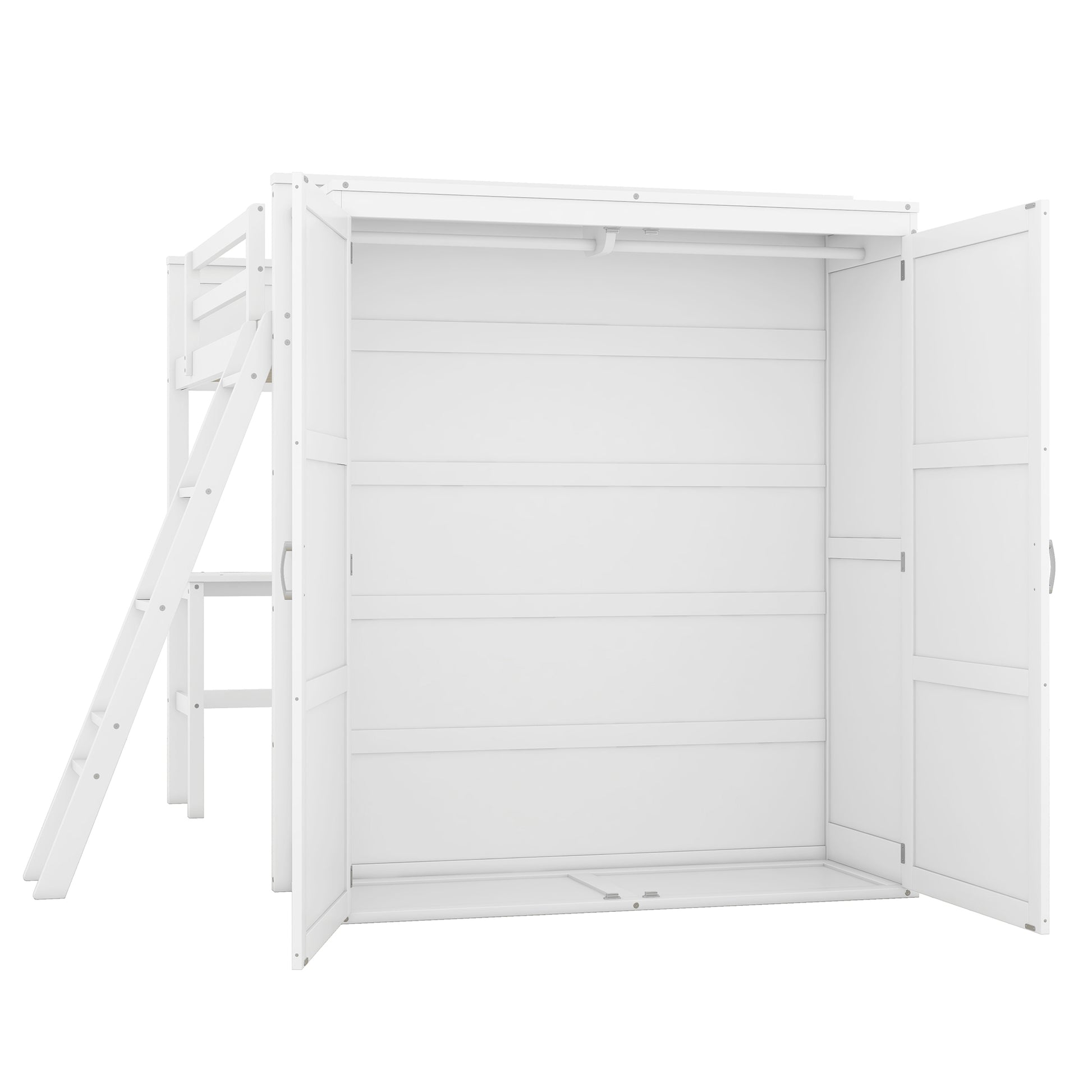 Full Size Loft Bed With Desk, Shelves And Wardrobe White White Solid Wood