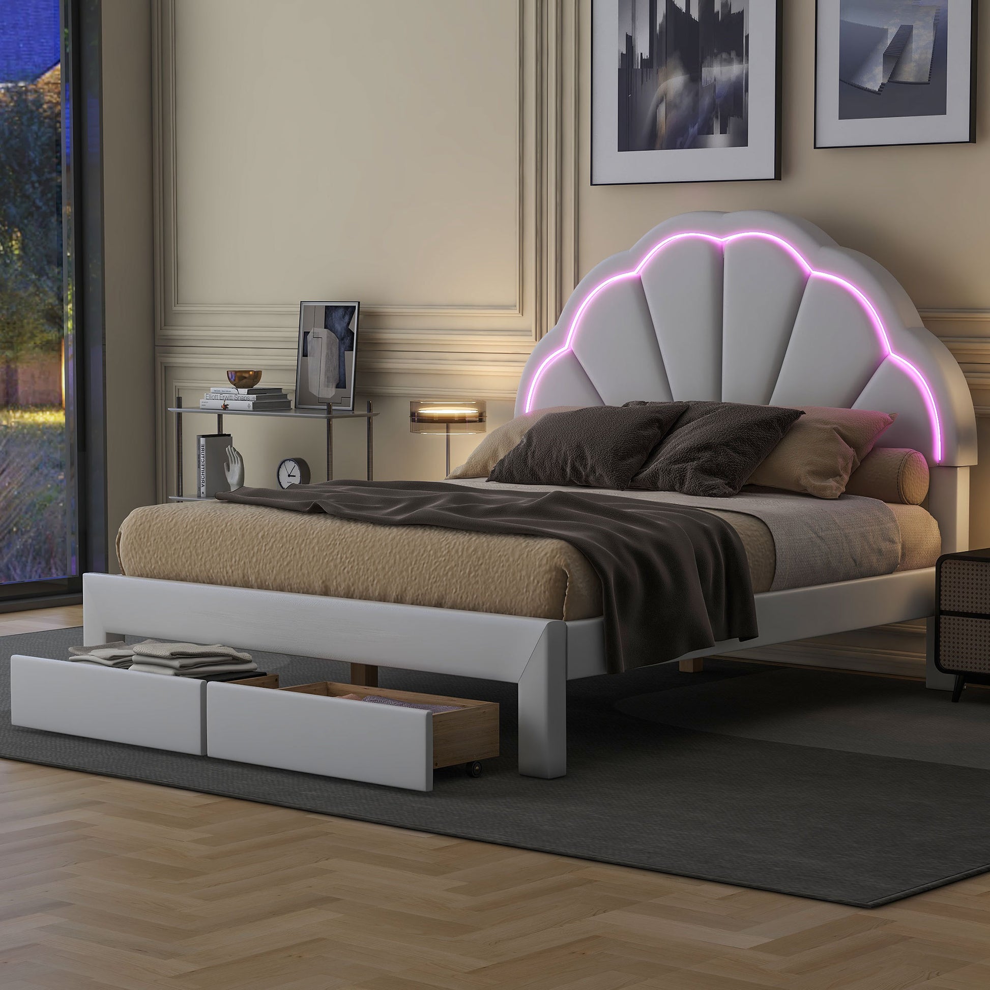 Full Size Upholstered Platform Bed With Seashell Shaped Headboard, Led And 2 Drawers, White Box Spring Not Required Full White Wood Bedroom Bed Frame Faux Leather Upholstered
