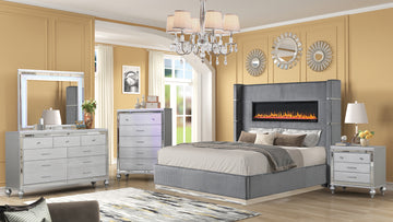 Lizelle Upholstery Wooden King 5 Pc Bedroom Set With Ambient Lighting In Gray Velvet Finish Box Spring Required King Gray Wood 5 Piece Set Bedroom Bed Included,Chest Included,Dresser Included,Mirror Included,Nightstand Included Modern Solid Wood Mdf