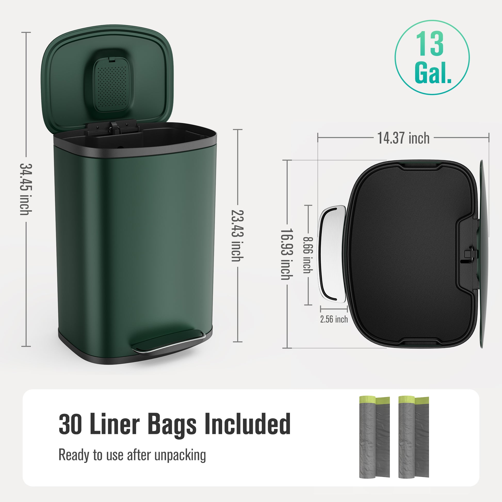 Curved Surface 13 Gallon 50L Kitchen Foot Pedal Operated Soft Close Trash Can Stainless Steel Rectangular Bustbin With 30 Garbage Bags Green Green Steel